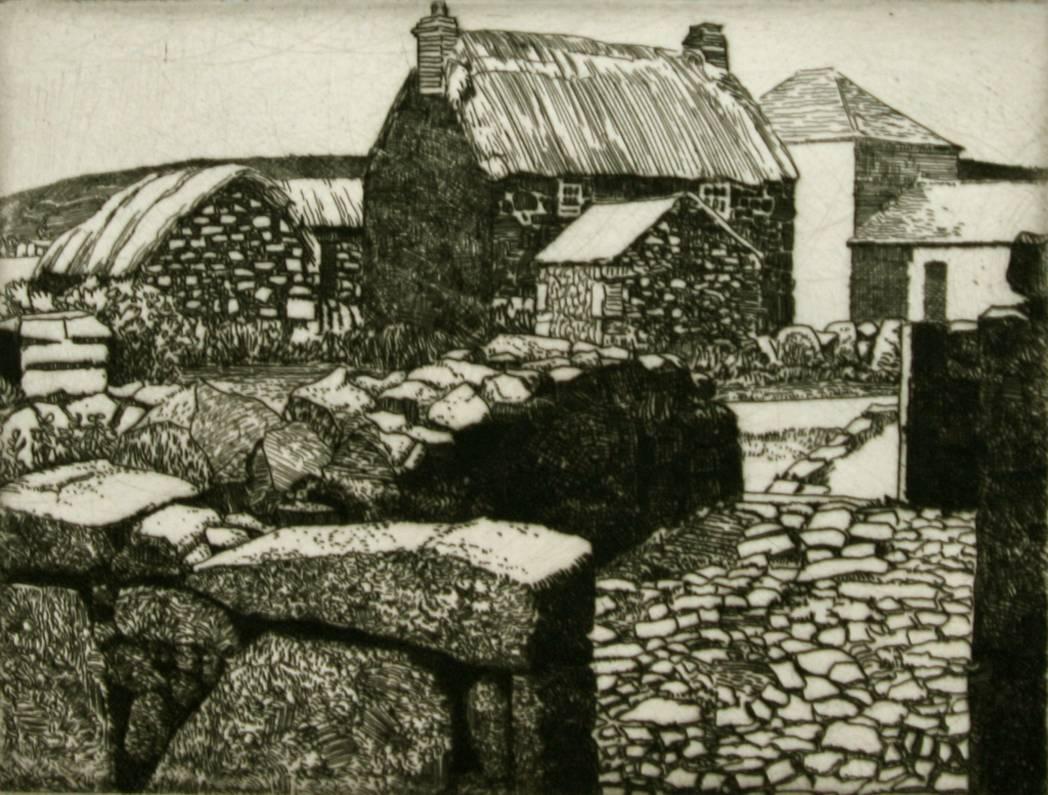 Eleanor Mary Hughes Abstract Print - Farmyard from the Stone Wall.