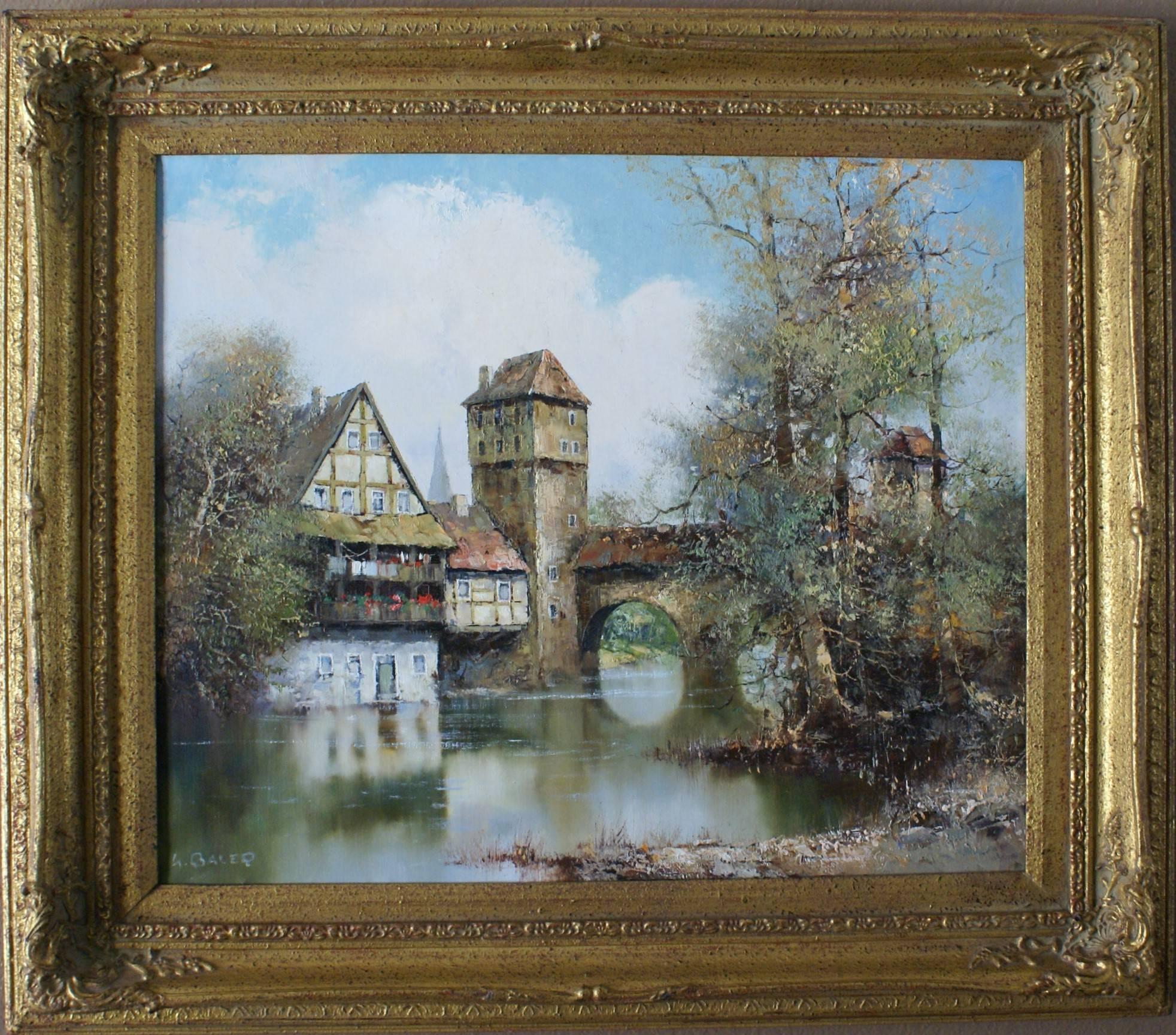 Willi BAUER Landscape Painting - Riverside scene