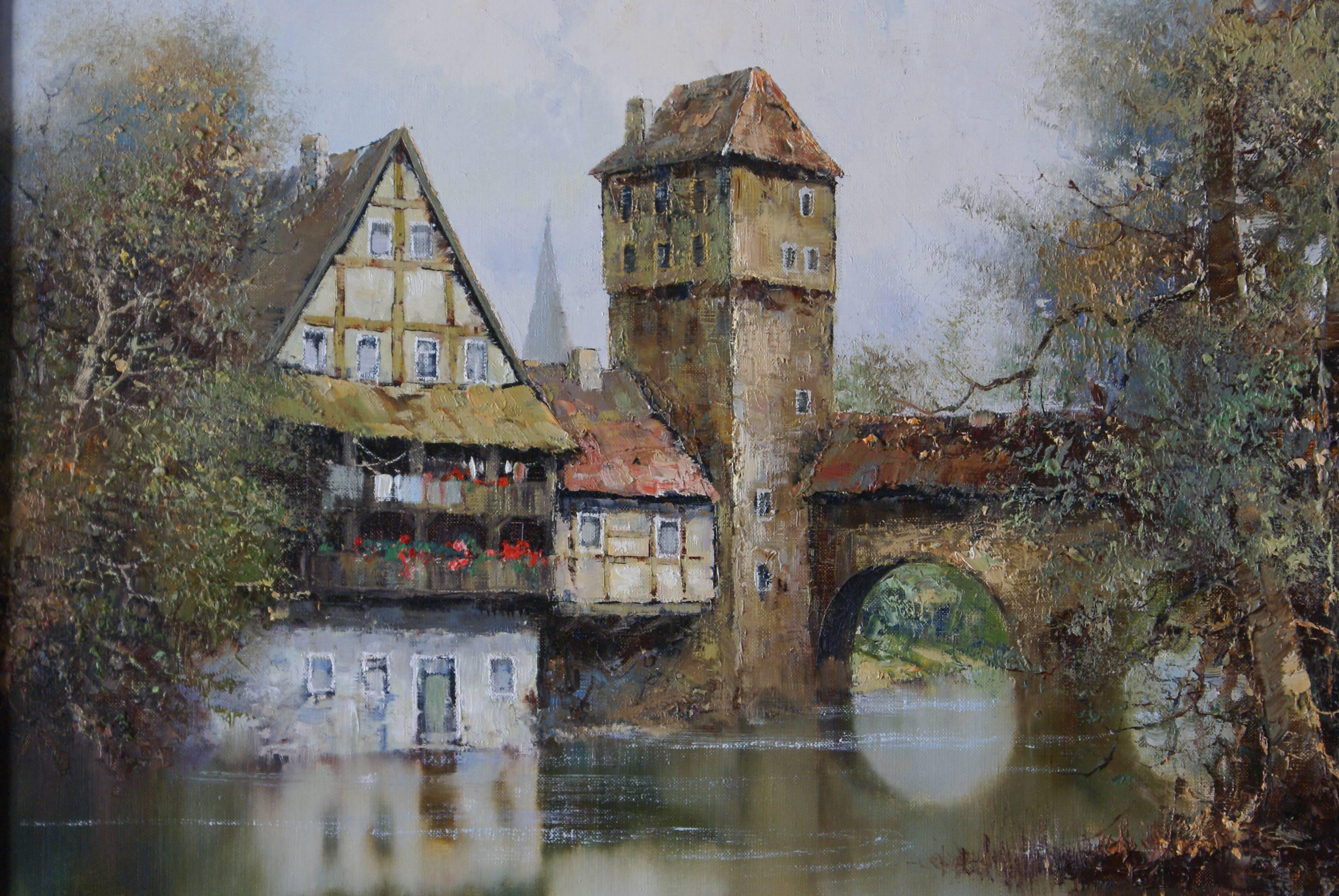 Riverside scene - Post-Impressionist Painting by Willi BAUER