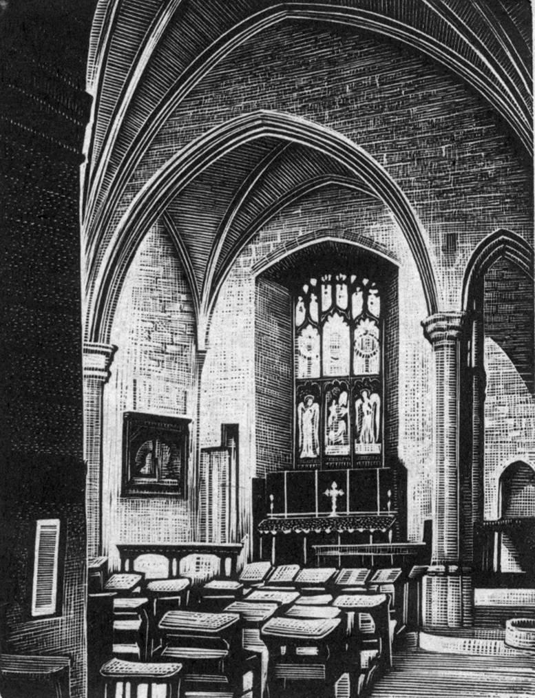Thomas Willoughby Nason Interior Print - John Harvard's Chapel, Southwark Cathedral 