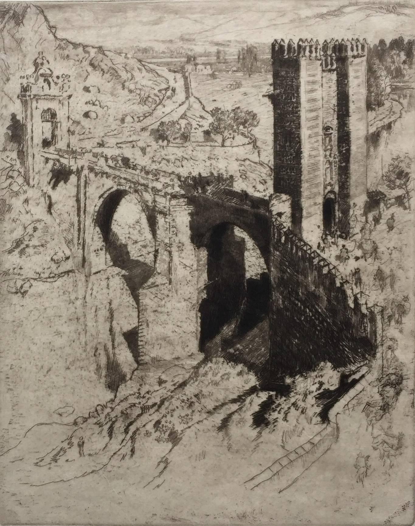 Joseph Pennell Landscape Print - The Bridge of Alcantara, Toledo