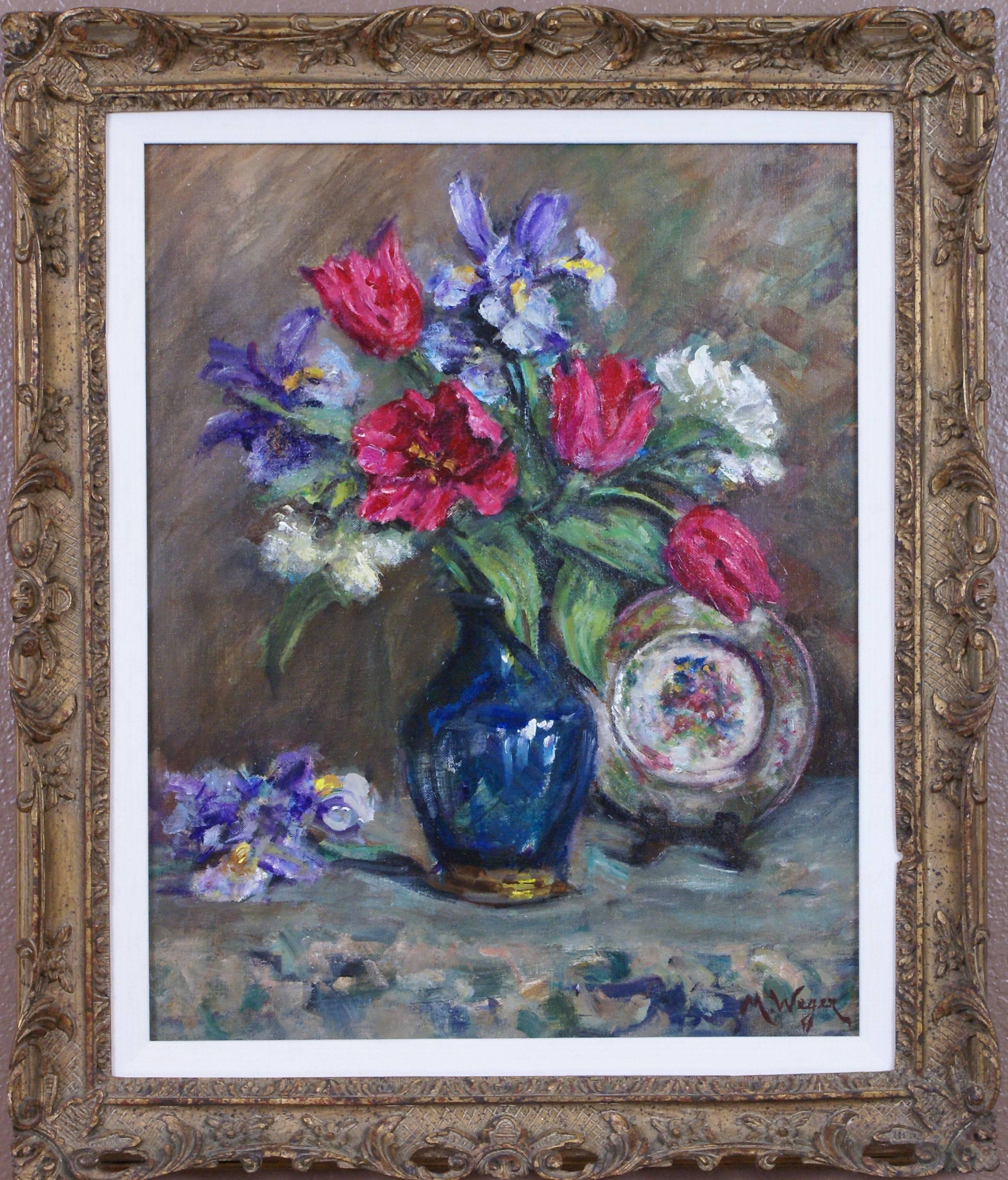 Marie Weger Still-Life Painting - {Still life of Irises and Tulips}