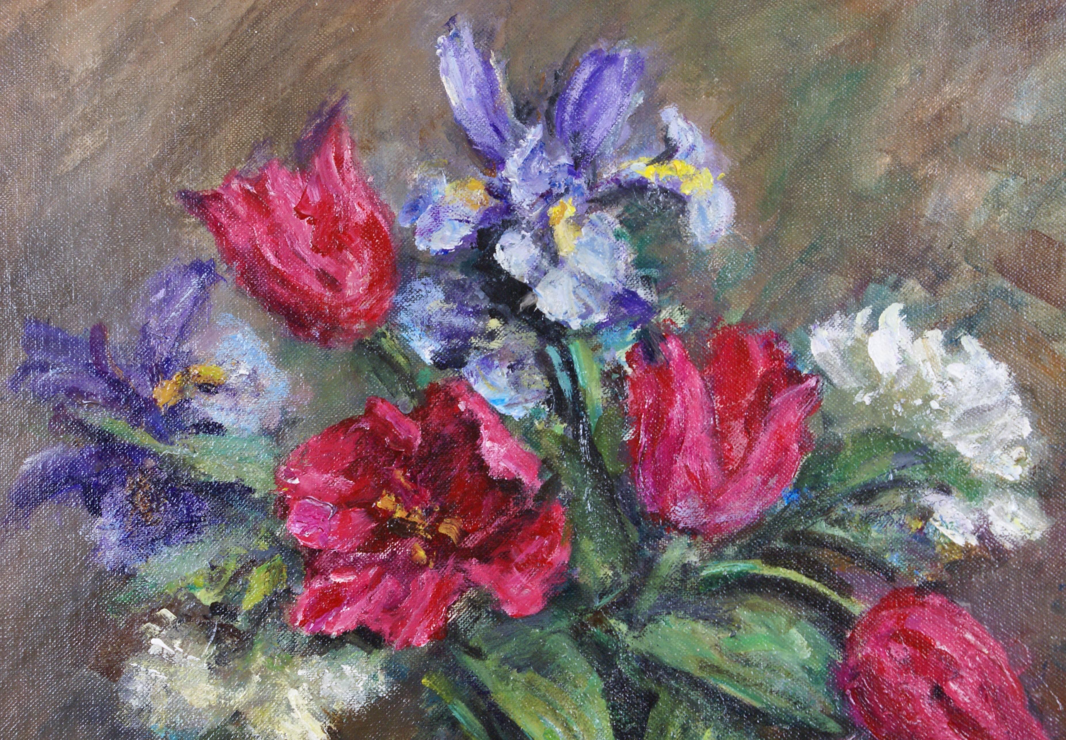 {Still life of Irises and Tulips} - Painting by Marie Weger