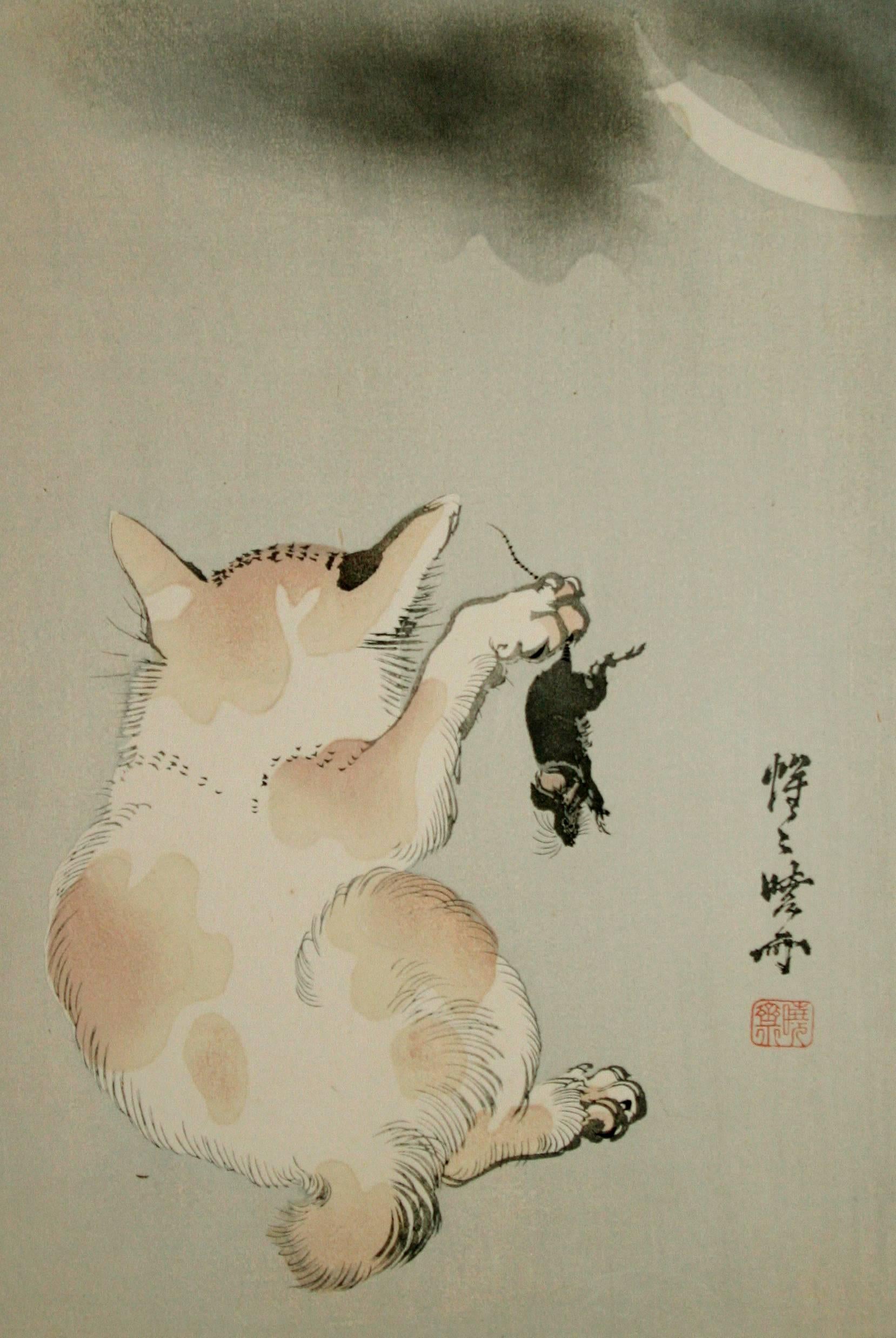 Landscape Print di Kawanabe Kyosai - Gatto e topo sotto la mezzaluna.