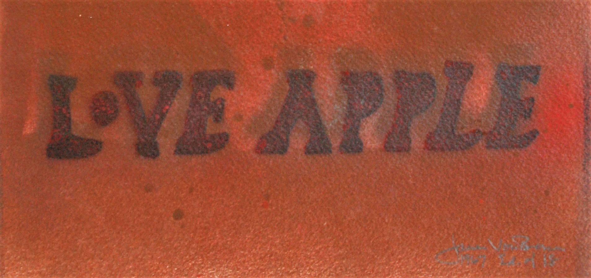 Love Apple (Brown background). 1967. Linoleum cut printed in black, red, orange, brown and tan. 16 1/2 x 12 1/2 (sheet 21 3/4 x 15). Edition 18. A vivid impression printed on wove paper paper. The glare is from the camera. Signed, dated and