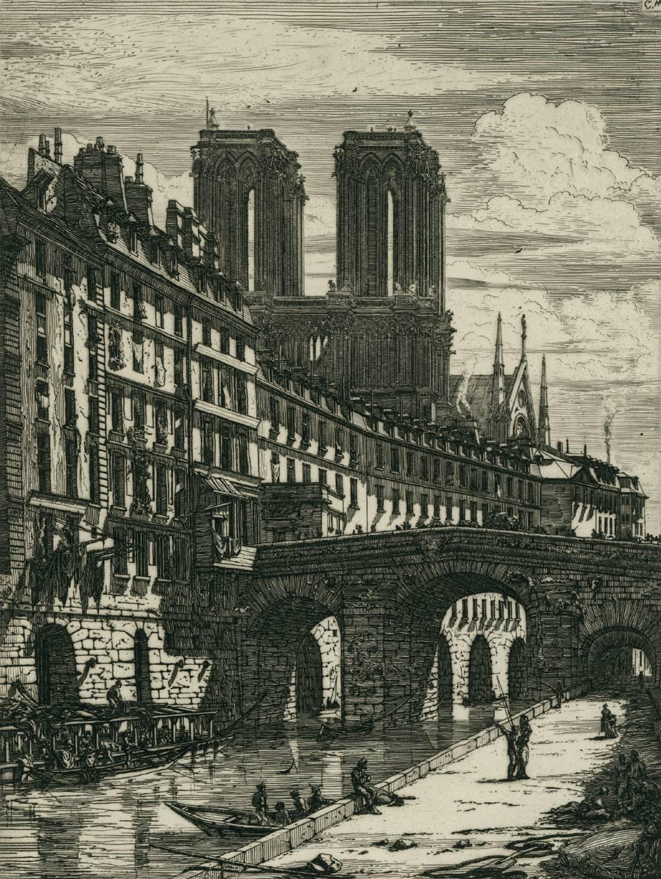 Charles Meryon Figurative Print - Le Petit Pont (the Small Bridge, Paris). 