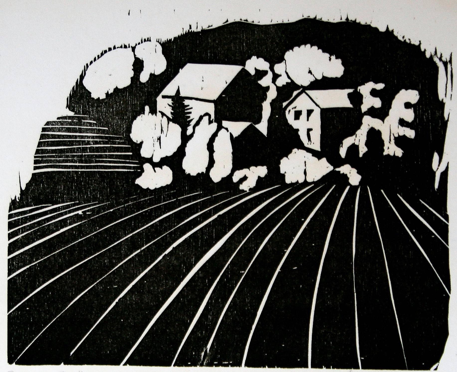 Jane Martin VonBosse Landscape Print - Farm over the Hill