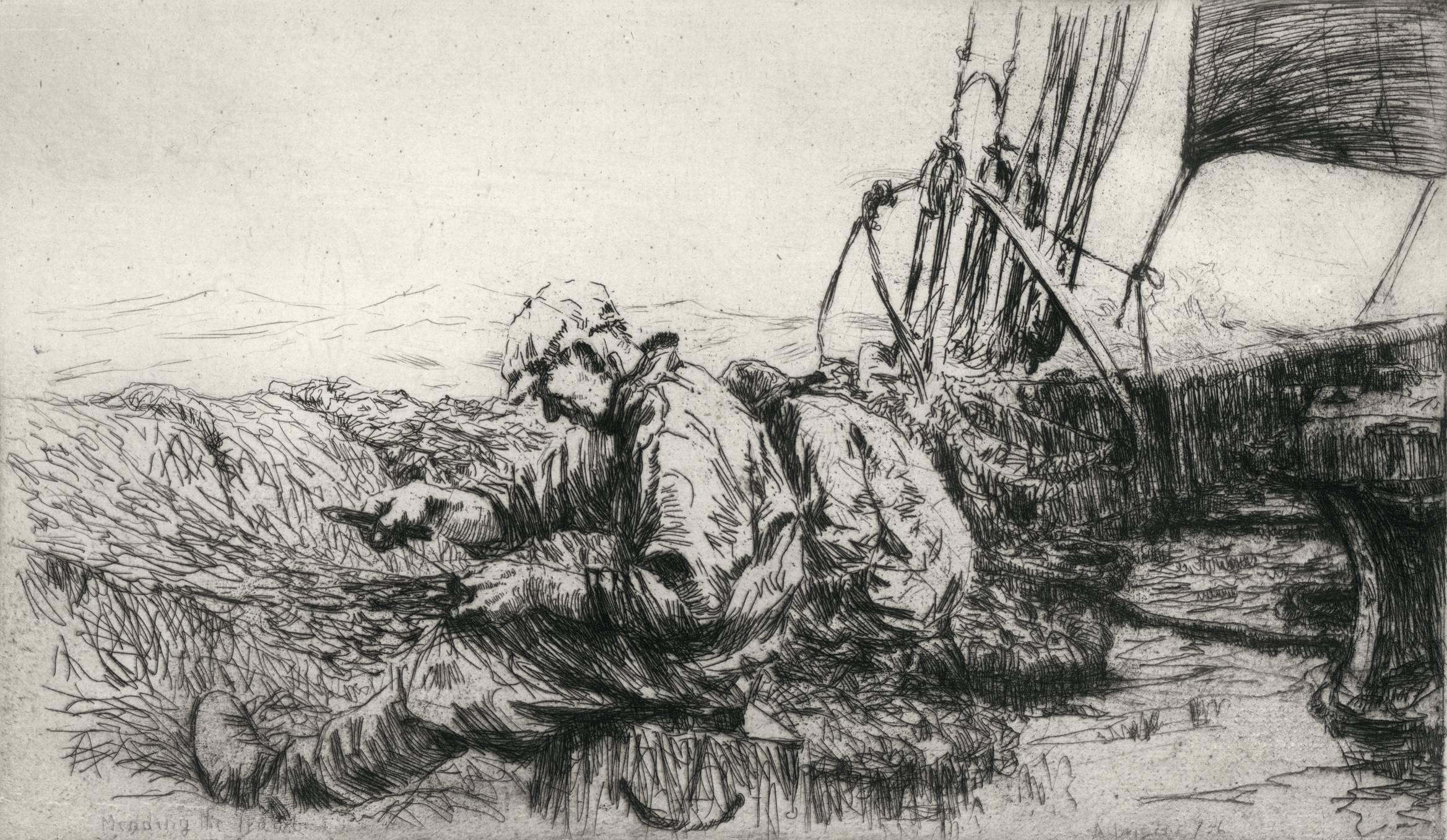 Arthur John Trevor Briscoe Landscape Print - Mending the Trawl, plate 3.