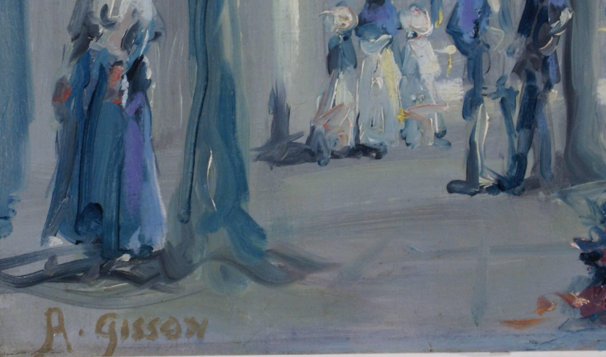 Bellissimo dipinto impressionista che raffigura dei parigini elegantemente vestiti che escono per una passeggiata pomeridiana. Mazzi di fiori riposano in una vasca a sinistra del lampione, mentre a destra passa una carrozza trainata da cavalli. Il