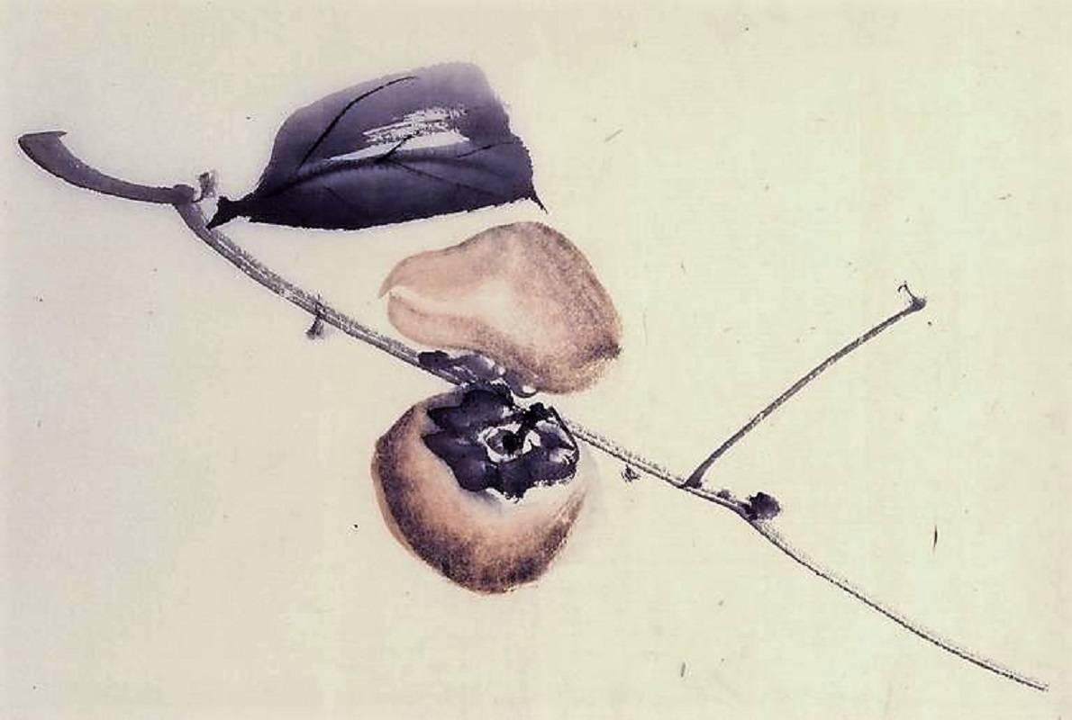 Two Persimmons on a Branch - Beige Landscape Art by Unknown
