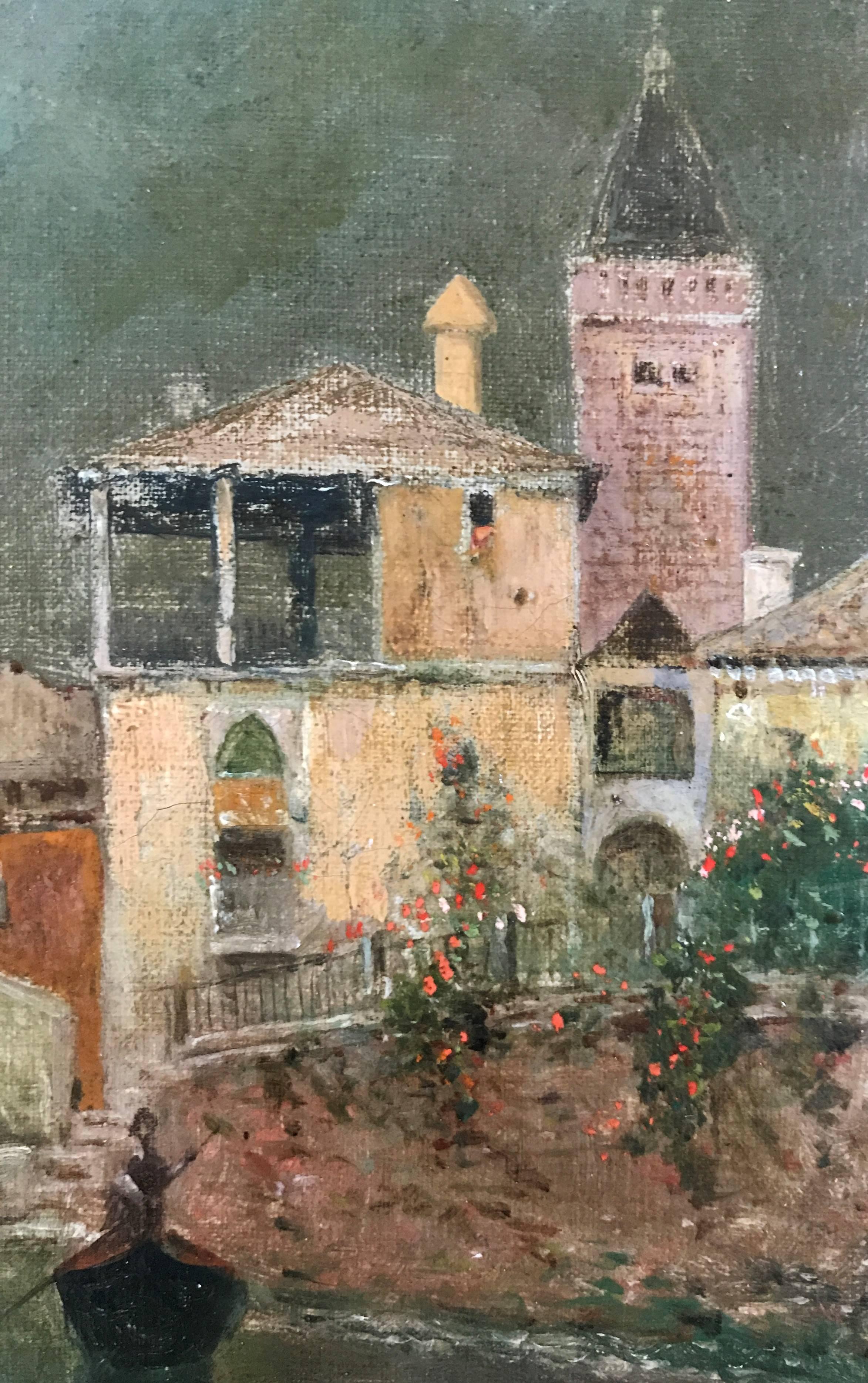 A Venetian depiction of Italian architecture, gondolas, bridge and distant campanile, with an emphasis on light and water,
Oil on canvas measures 15 3/8 x 18 3/8, housed in elegant frame, measures 20 3/4 x 23 3/4 x 2 1/2. Weight is 7 1/4 lbs.

A