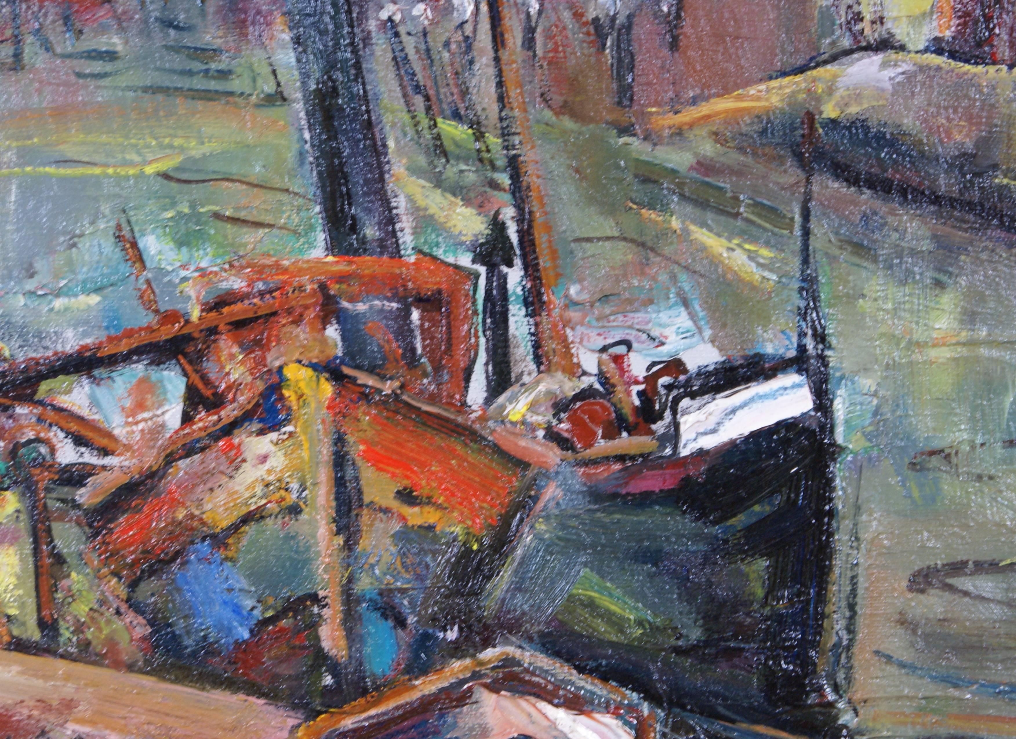 {The Wharf} - Gray Figurative Painting by Marion Huse