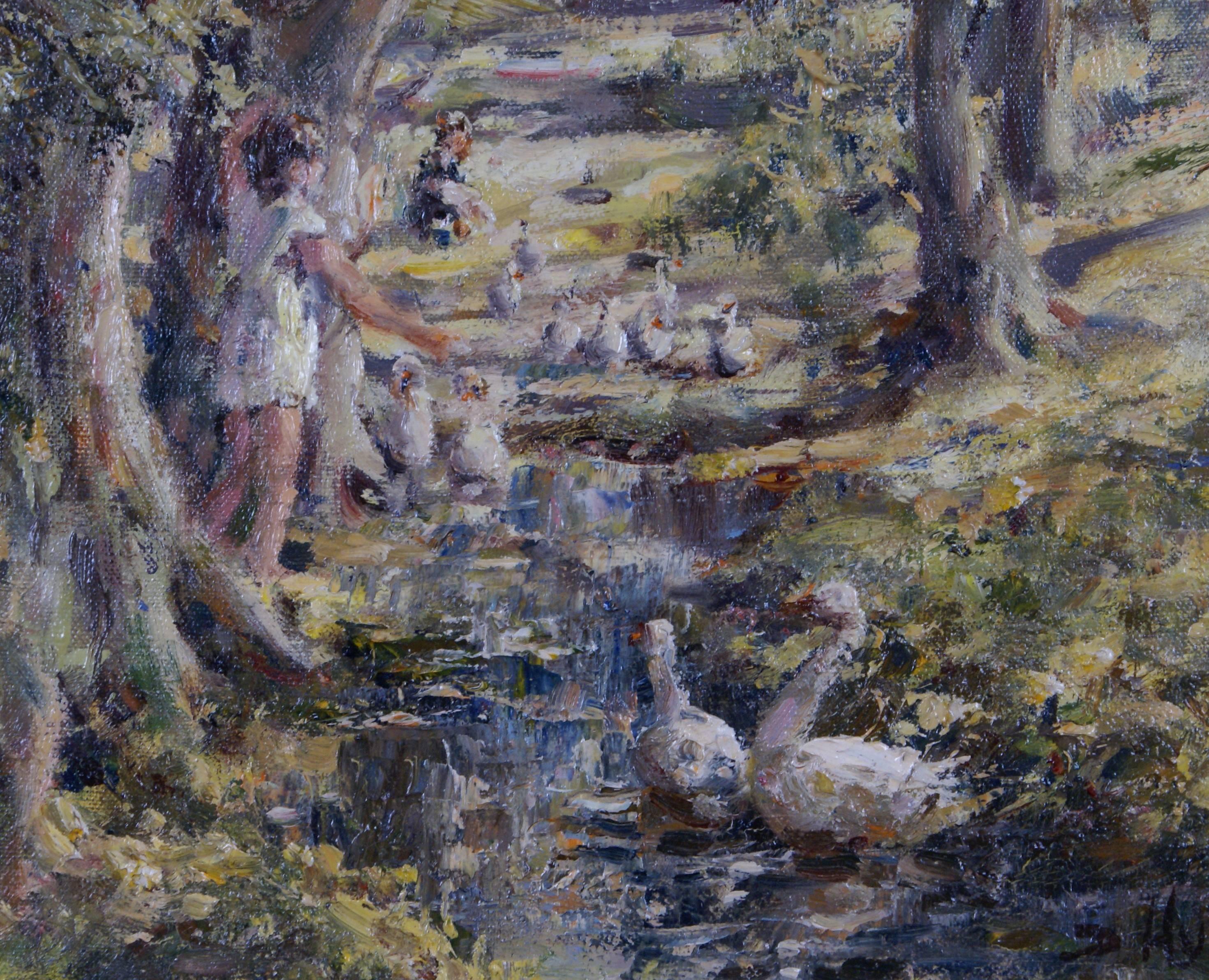 {Girls wuth Geese on a Lane} - Impressionist Painting by Unknown