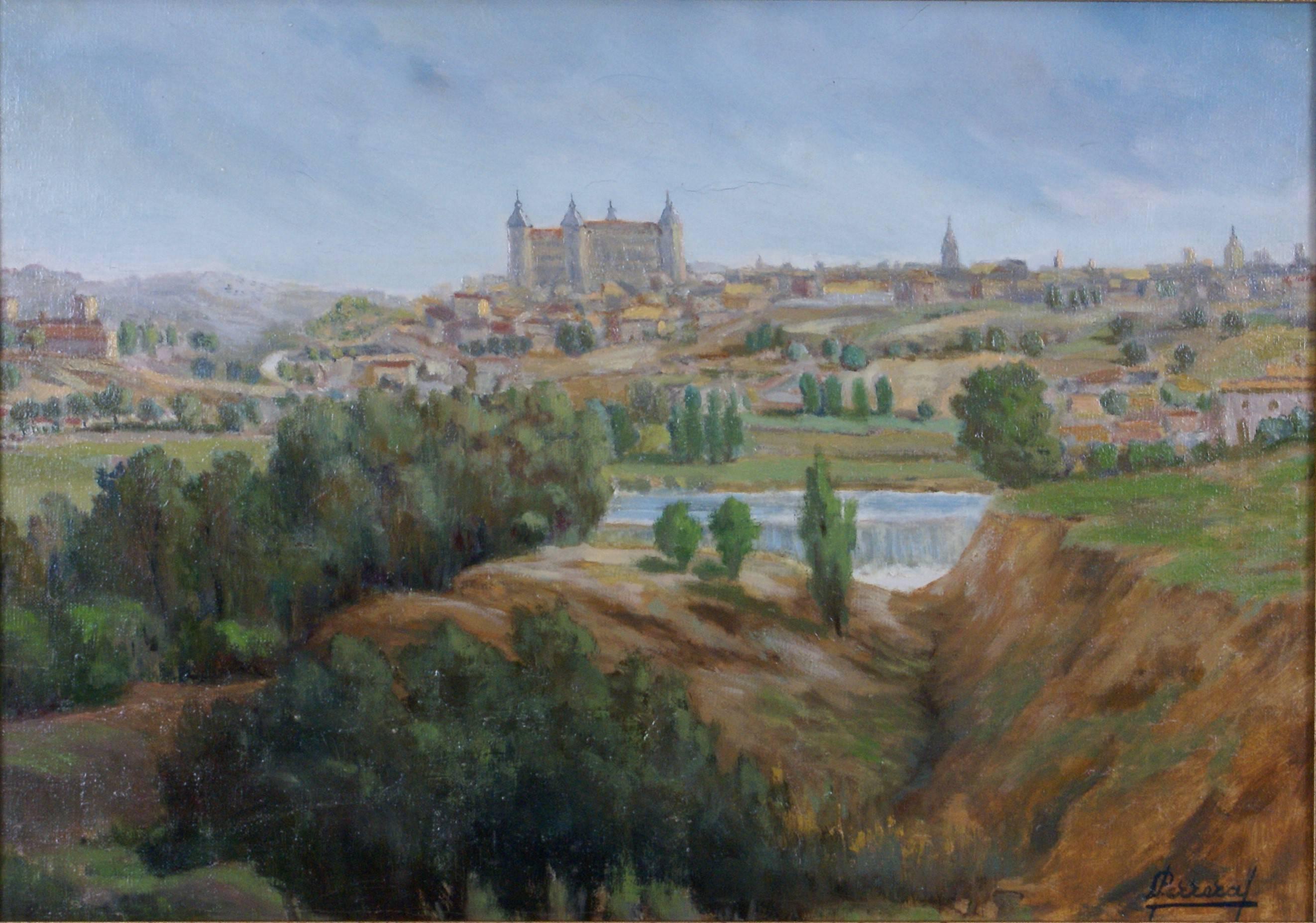 {View of the Alcázar of Toledo, Spain} - Painting by Elio Ferrara