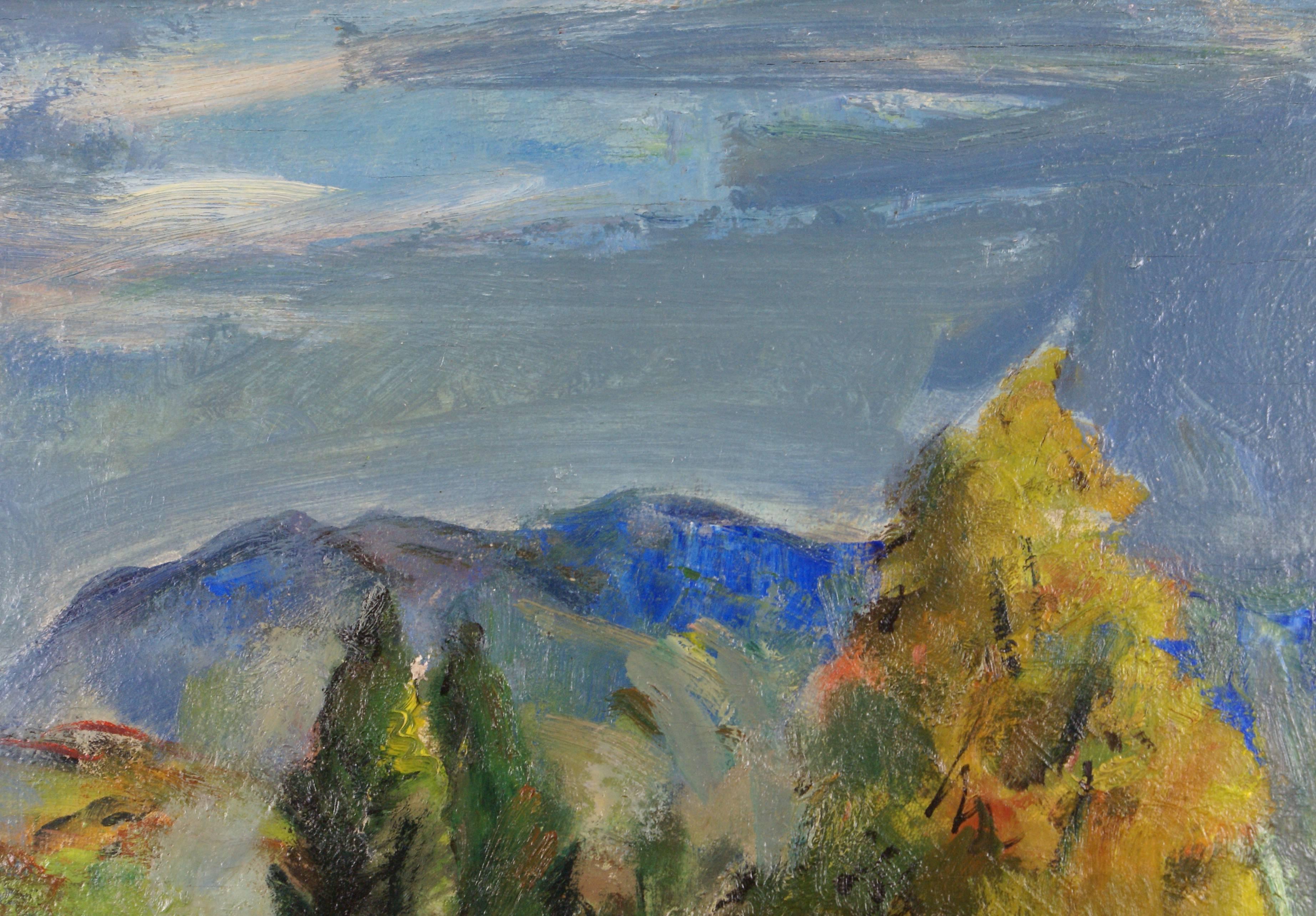 Le Village Lane - Gris Landscape Painting par Marion Huse