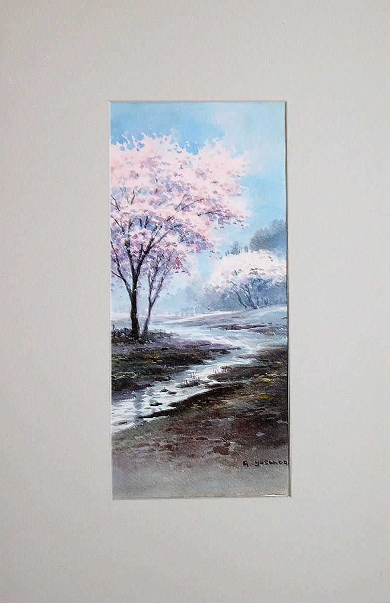 Cherry Blossoms in a Misty Landscape – Art von A. Yoshida