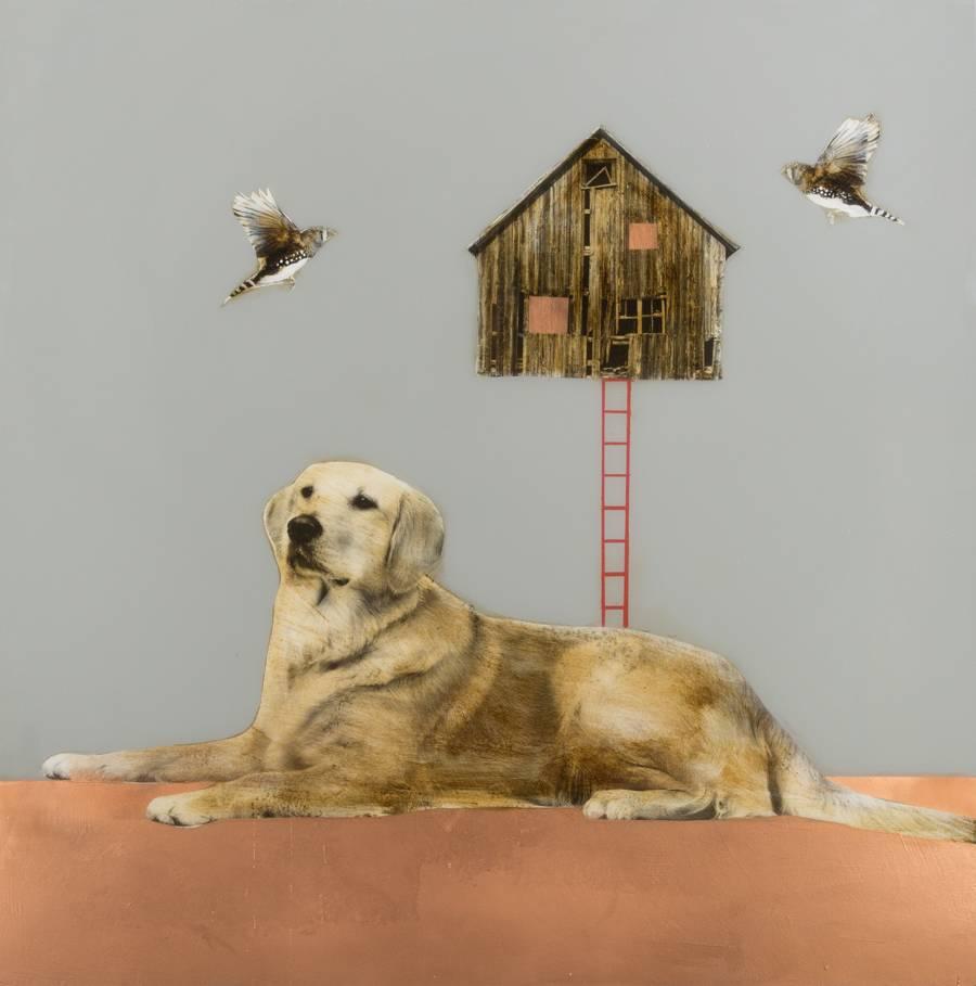 Dog With House And Birds - Mixed Media Art by Anke Schofield