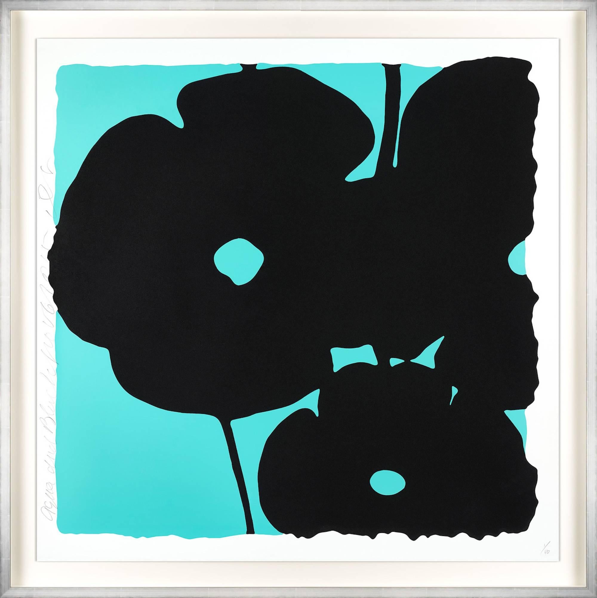 Donald Sultan Abstract Print - Reversal Poppies (Aqua And Black)