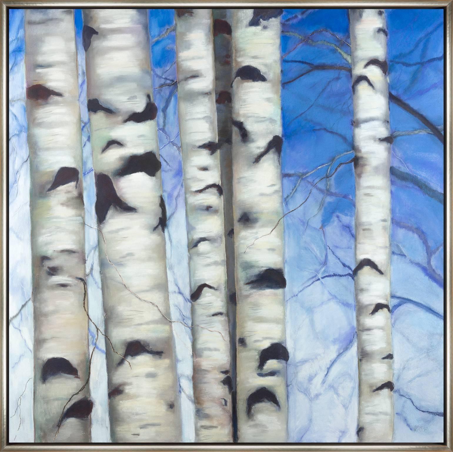 Alice Pritchard Landscape Art - White Birches On Blue