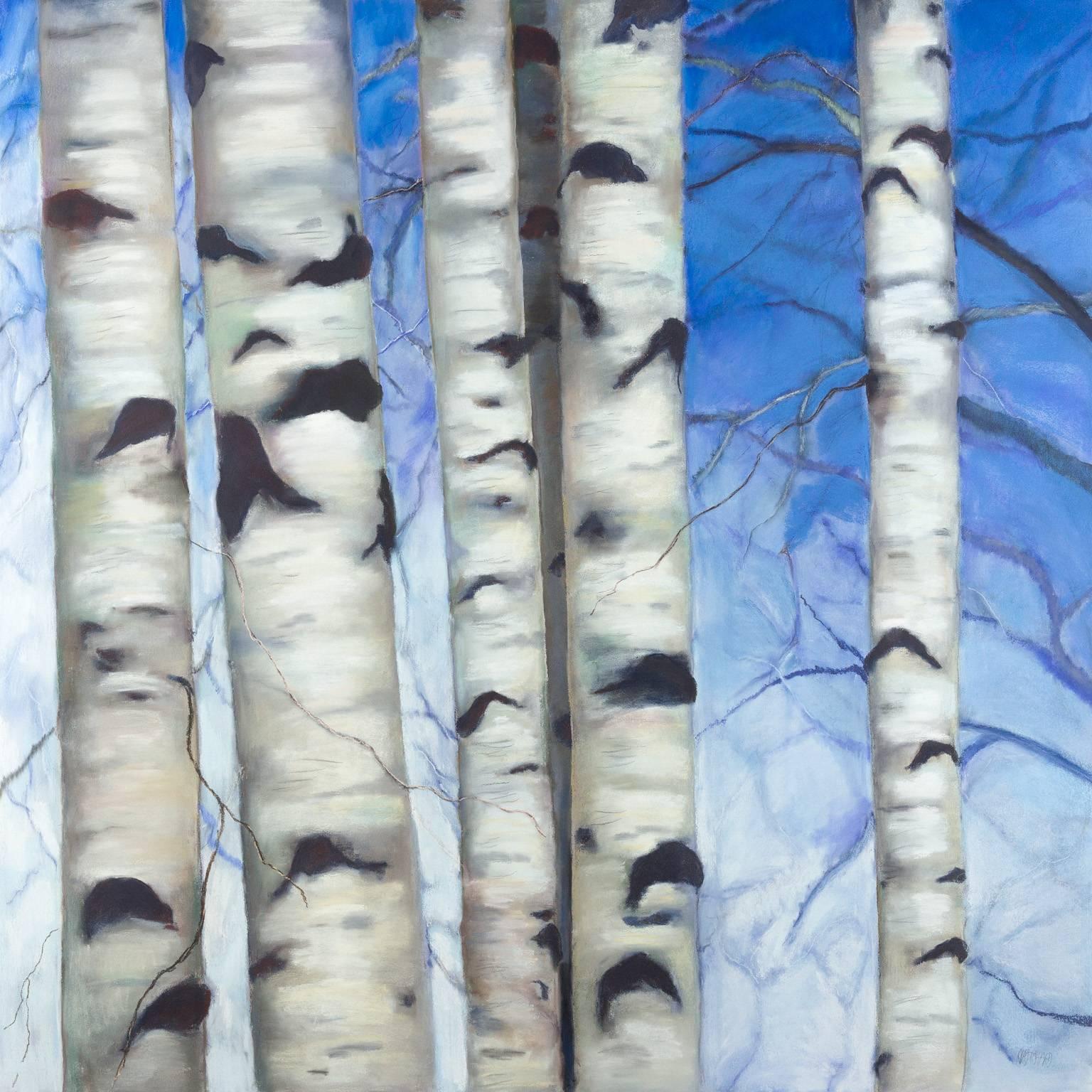 White Birches On Blue - Art by Alice Pritchard