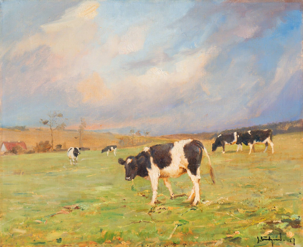 Gunnar Bundgaard Animal Painting - 'Cattle at Pasture', Danish Impressionist Landscape oil, Paris, France