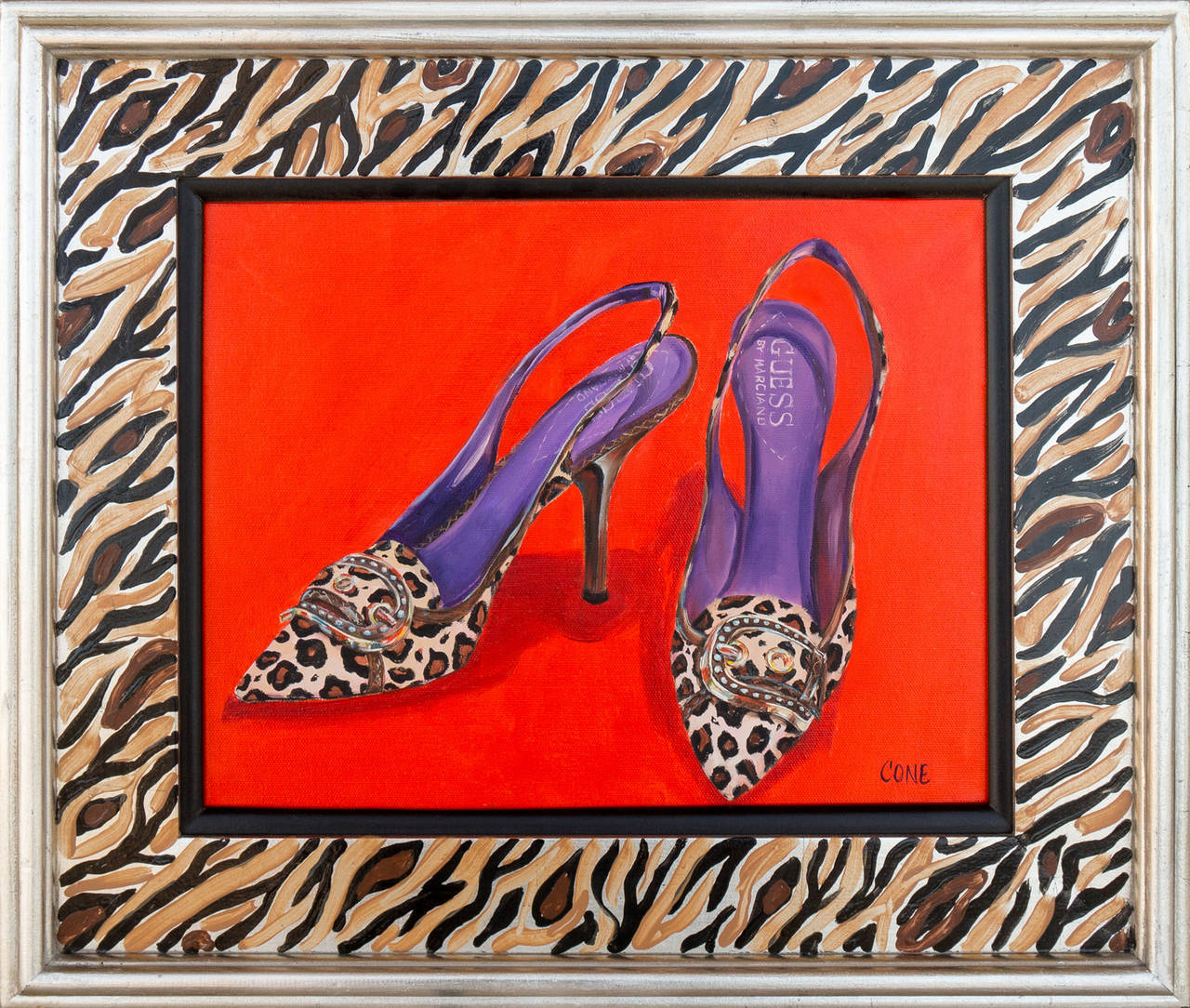 Marcia Park Cone Still-Life Painting - 'Hallo Kitty', Faux Leopard Marciano Pumps, Italian Fashion Shoes