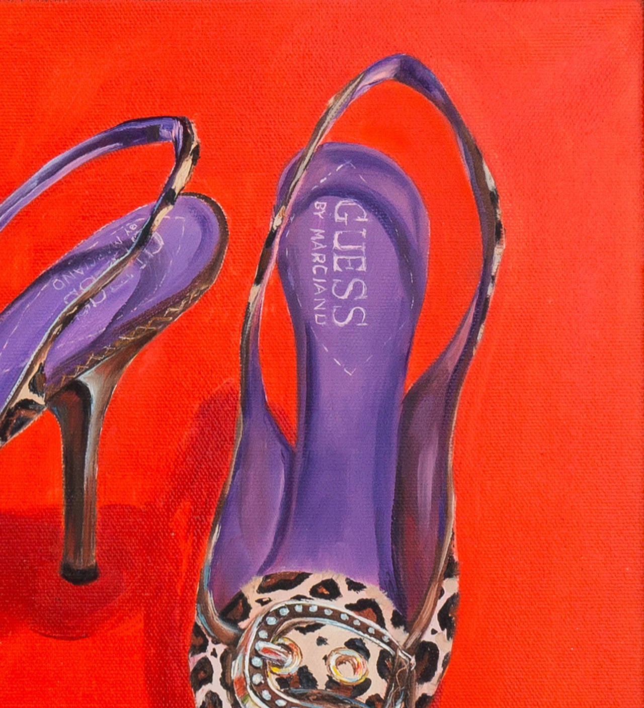 Chaussures à talons « Hallo Kitty » en faux léopard de Marciano, mode italienne - Rouge Still-Life Painting par Marcia Park Cone