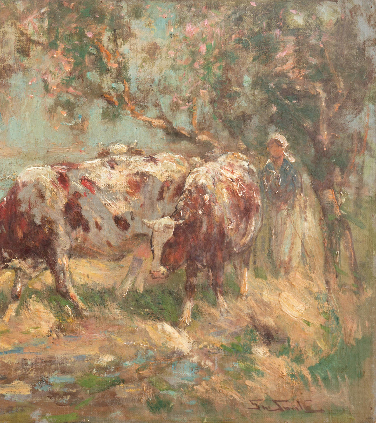 Cows in a Meadow   (Scottish, RSA, Genre, Rural, country) - Painting by George Smith b.1870