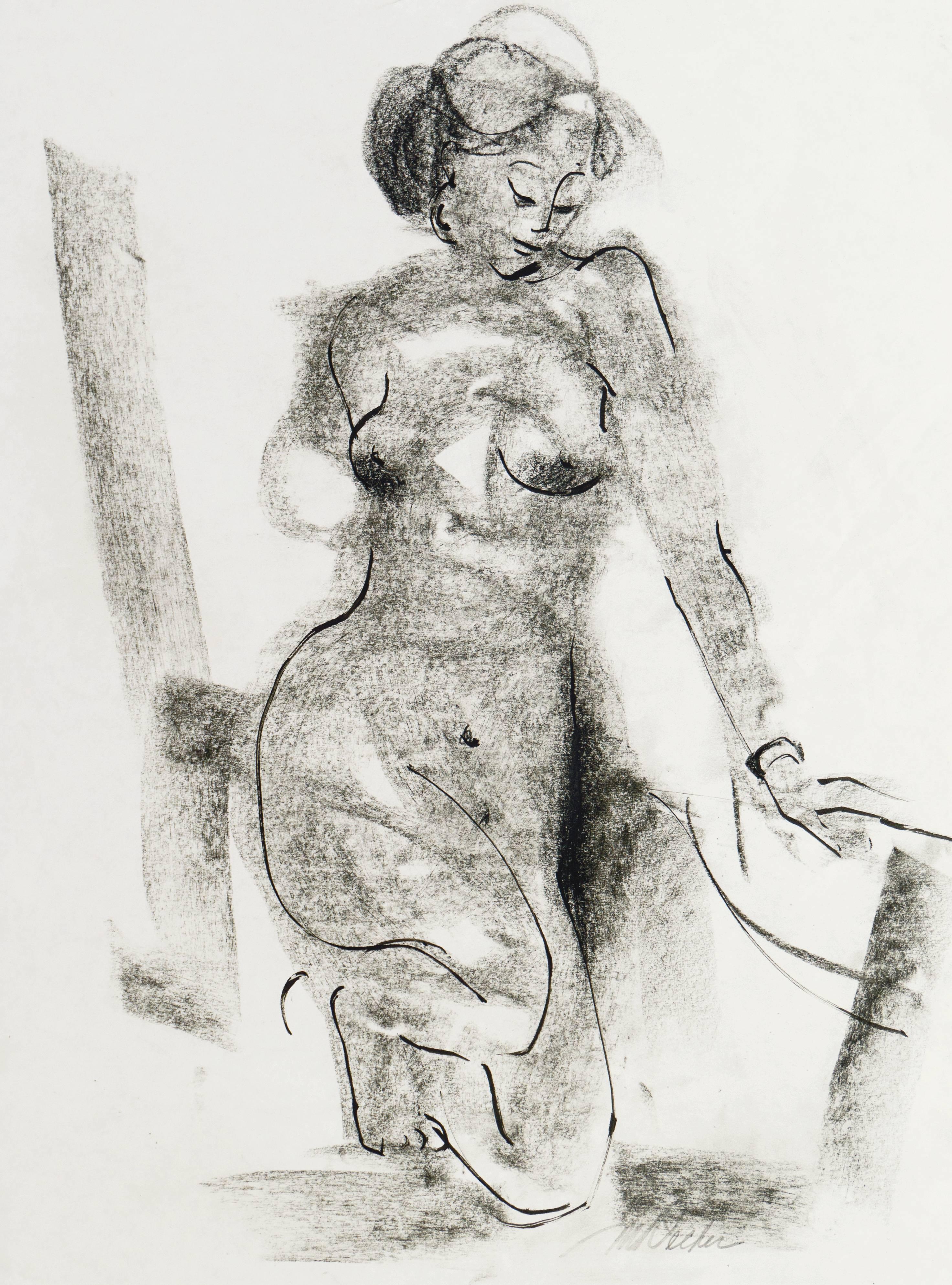 'Kneeling Nude' ( Nu agenouillé), étude figurative en graphite moderniste américain - Art de Michael Decker