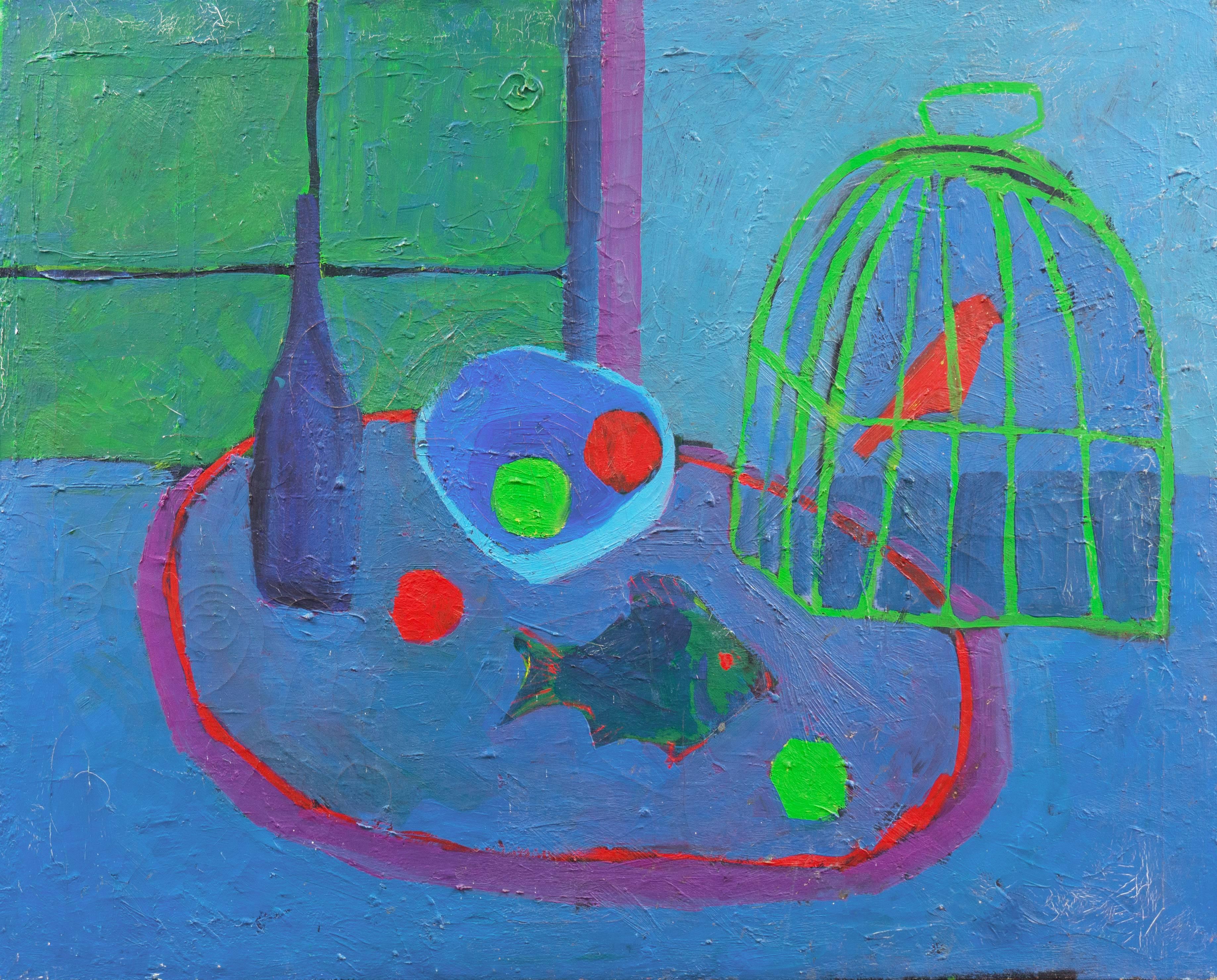 Unknown Interior Painting - 'Still Life with Songbird', American Modernist, Blue Interior