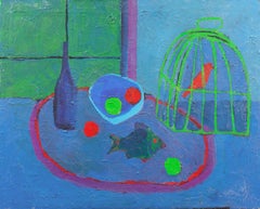 Vintage 'Still Life with Songbird', American Modernist, Blue Interior