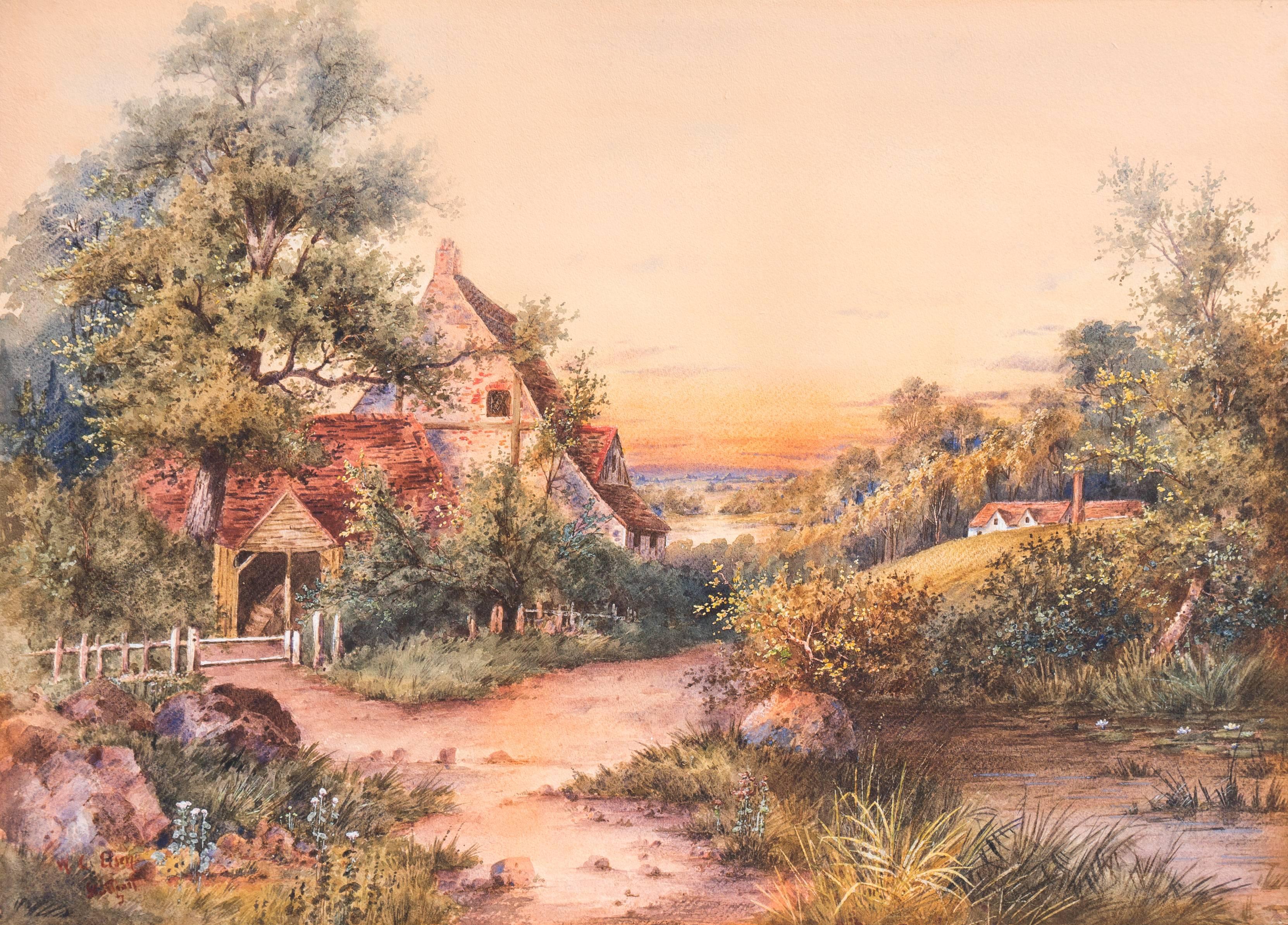 Paysage au coucher du soleil avec chalet", Grand 19e s. Aquarelle américaine