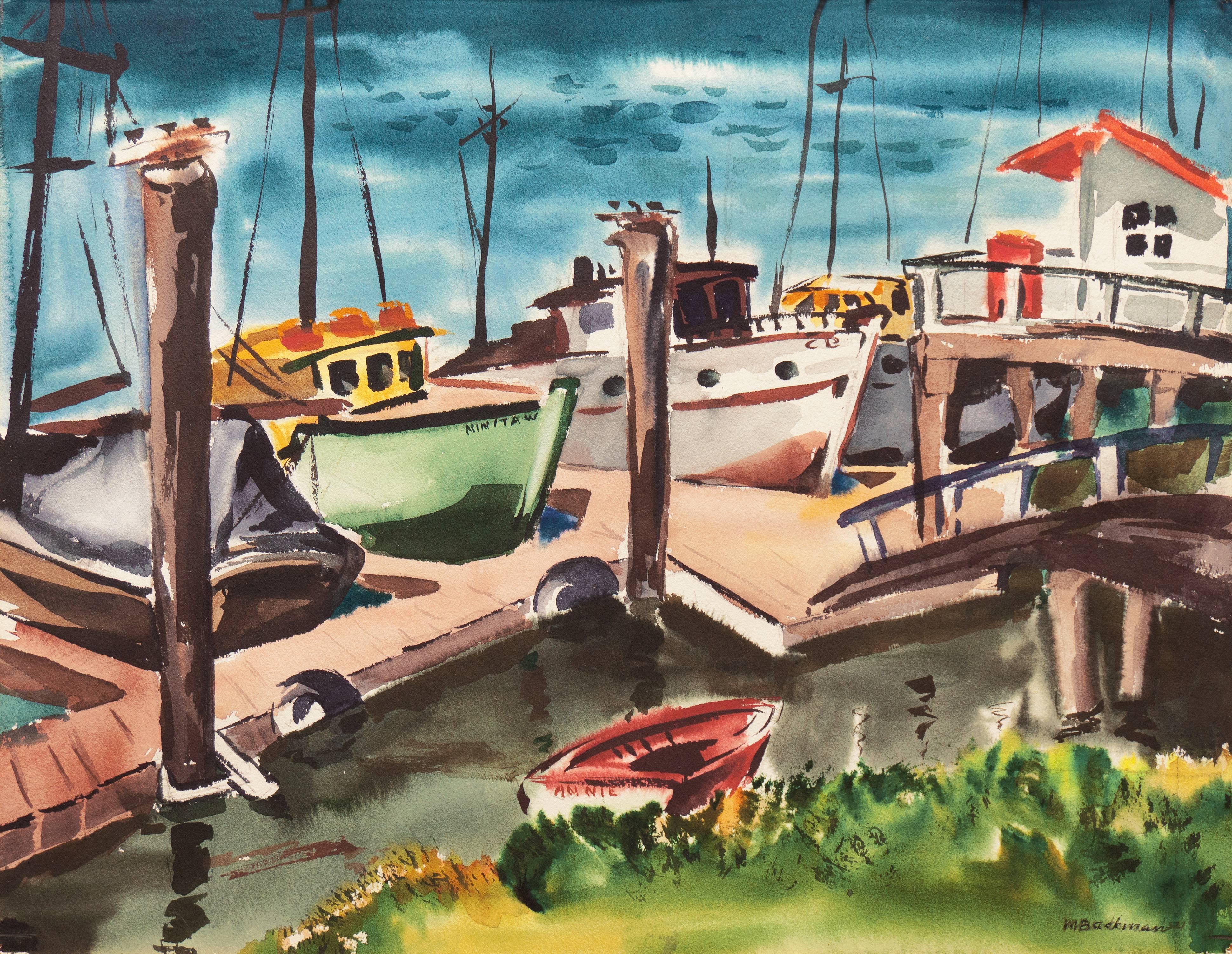 Muriel Backman Landscape Art -  Modernist Watercolor of Monterey Dock, 'Afternoon at Decker's'  Woman Artist 