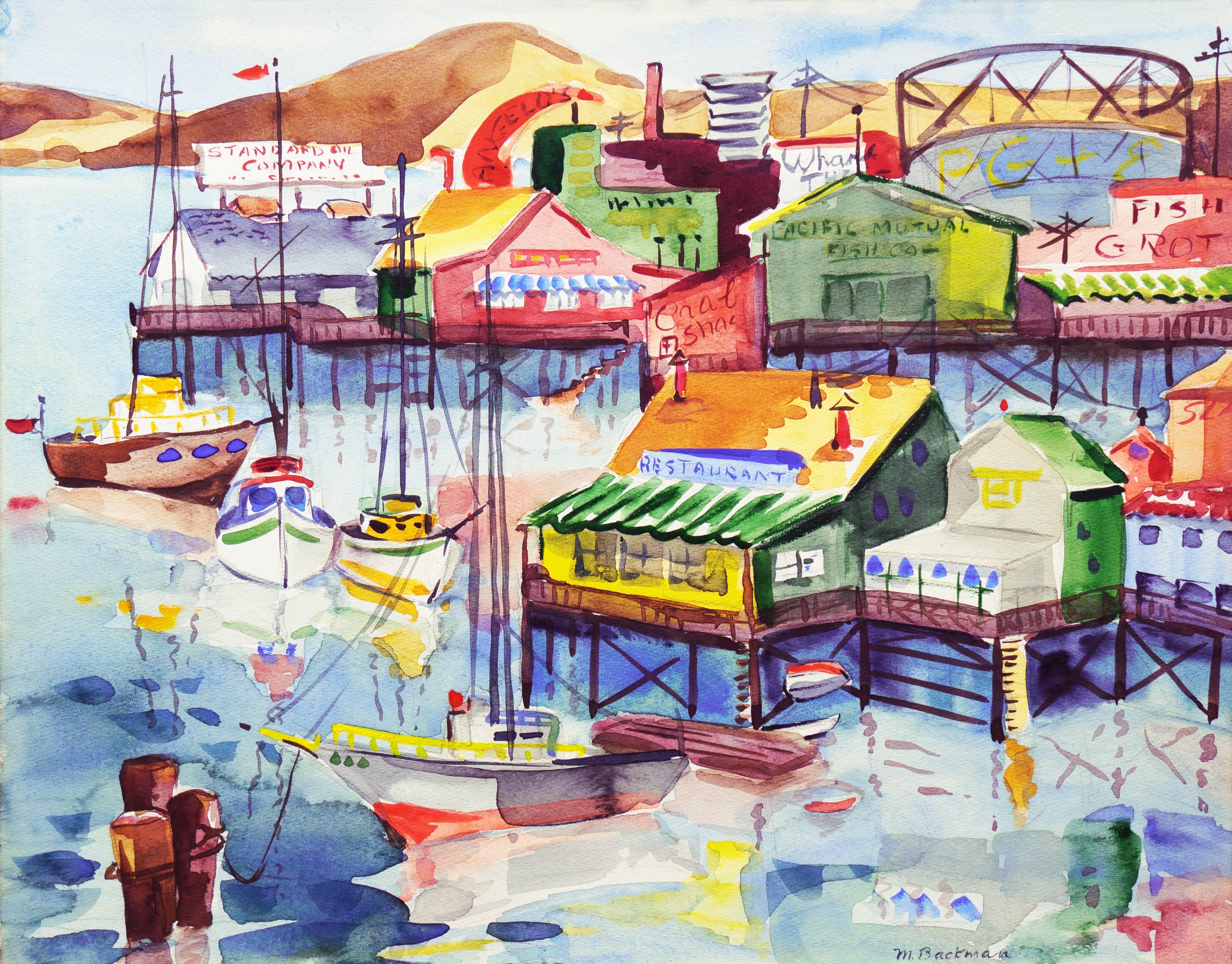 Muriel Backman Landscape Art – „Fisherman's Wharf, Monterey“, modernistischer kalifornischer Künstler, Crocker Art Museum