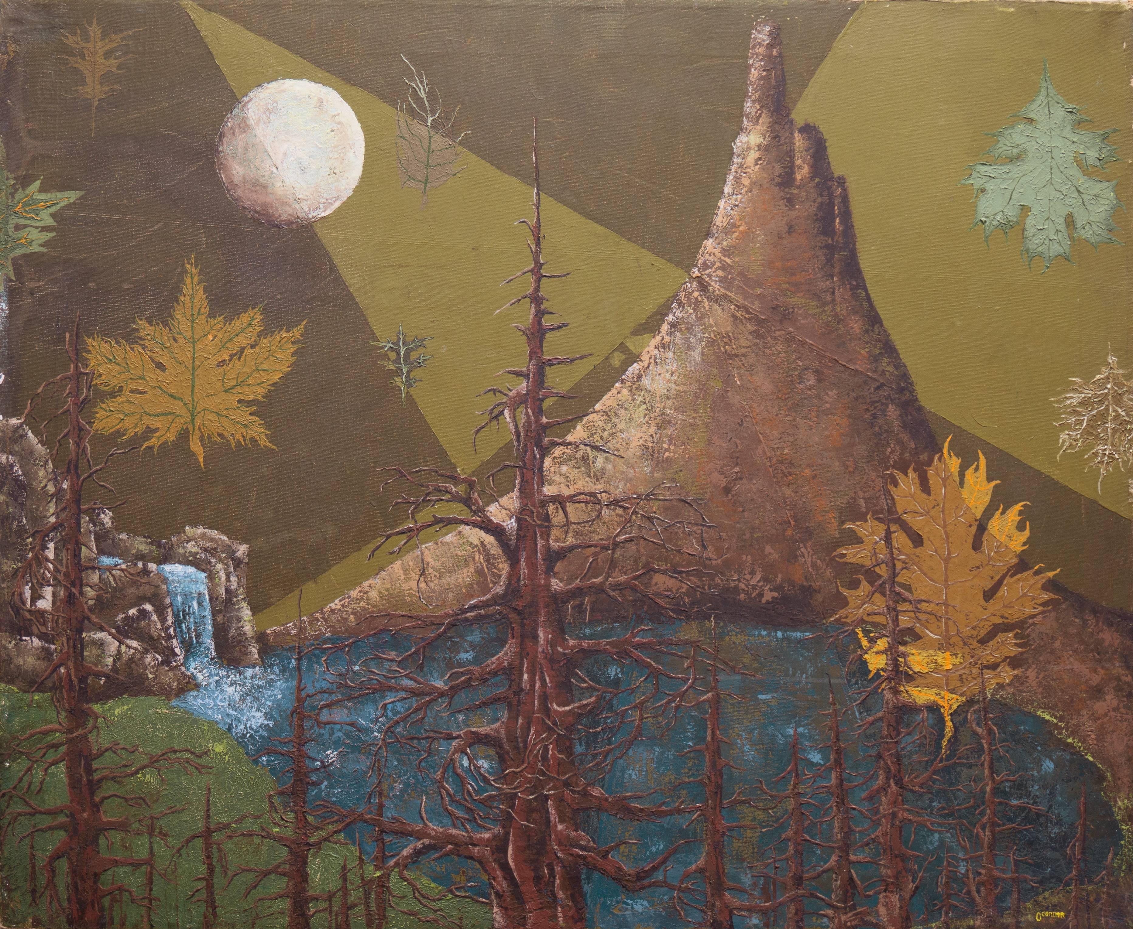 O. Connor Landscape Painting – Surreale Bergsee-Landschaft, fallende Herbstblätter