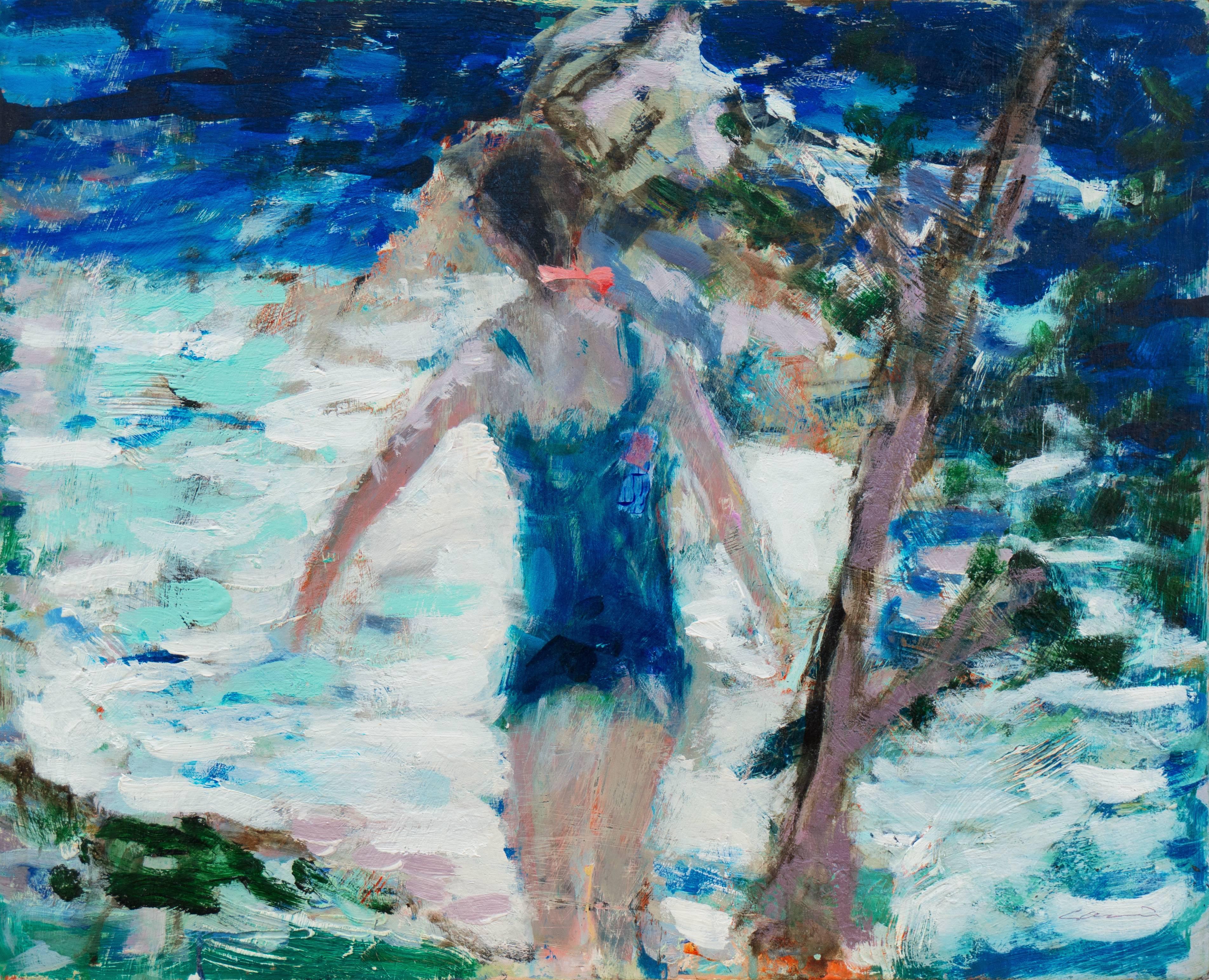 Robert Canete Landscape Painting – „Junge Jungfrau beim Baden, Carmel“, kalifornische Postimpressionistin, Stanford, Big Sur
