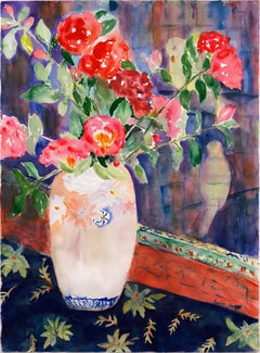 Retro 'Dog Roses in a Satsuma Vase', Japanese Decorative Arts, Lacquer Mirror