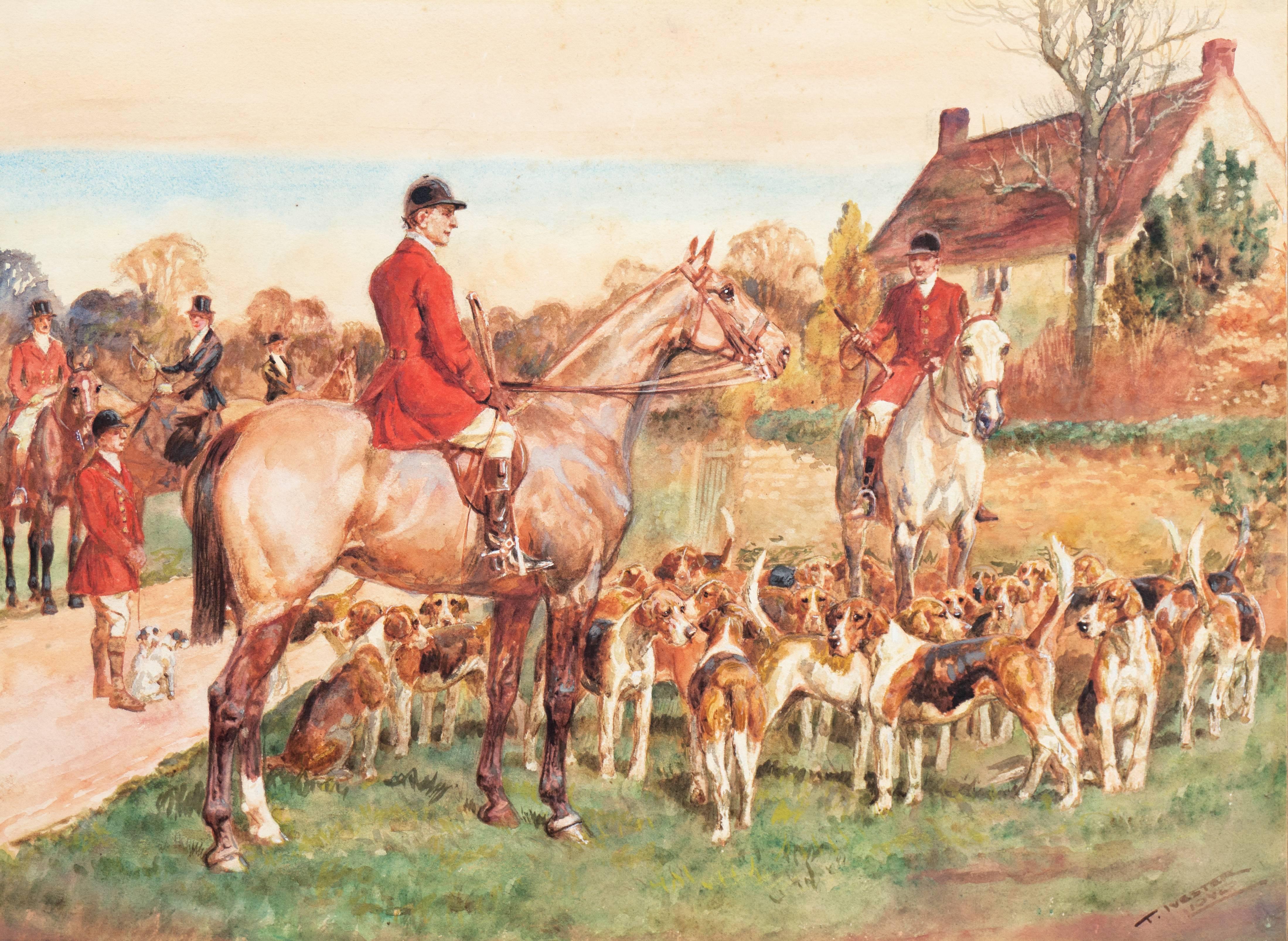 « The Meet », chasse au renard de l'époque édouardienne, aquarelle équestre anglaise, chevaux et aigle