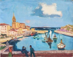 The Harbor at Bermeo, Spain   (Post-Impressionism, Biscay, blue, yellow, red)