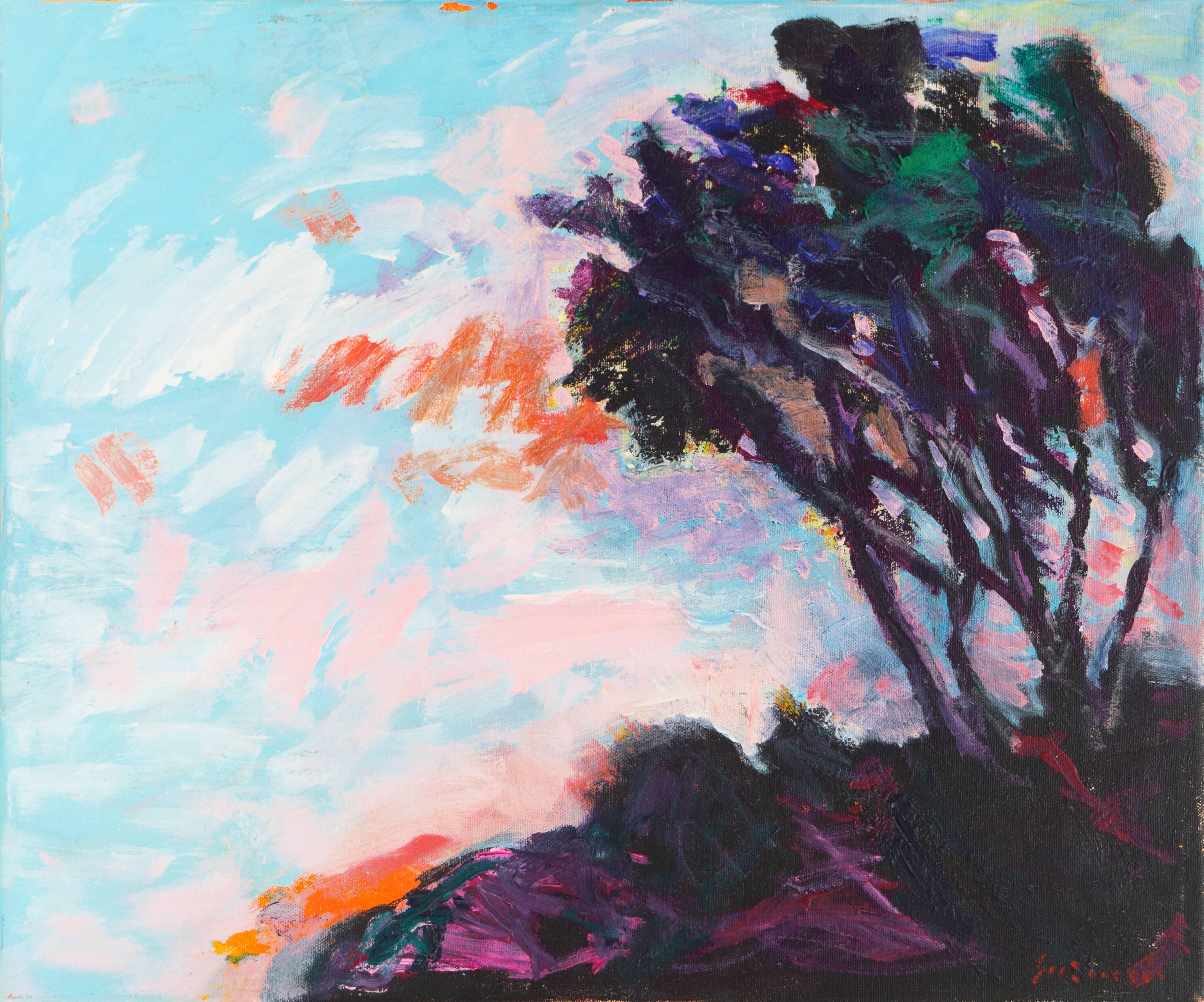 'Laguna Hills Sunset', Post-Impressionist California Landscape, Cypress Trees
