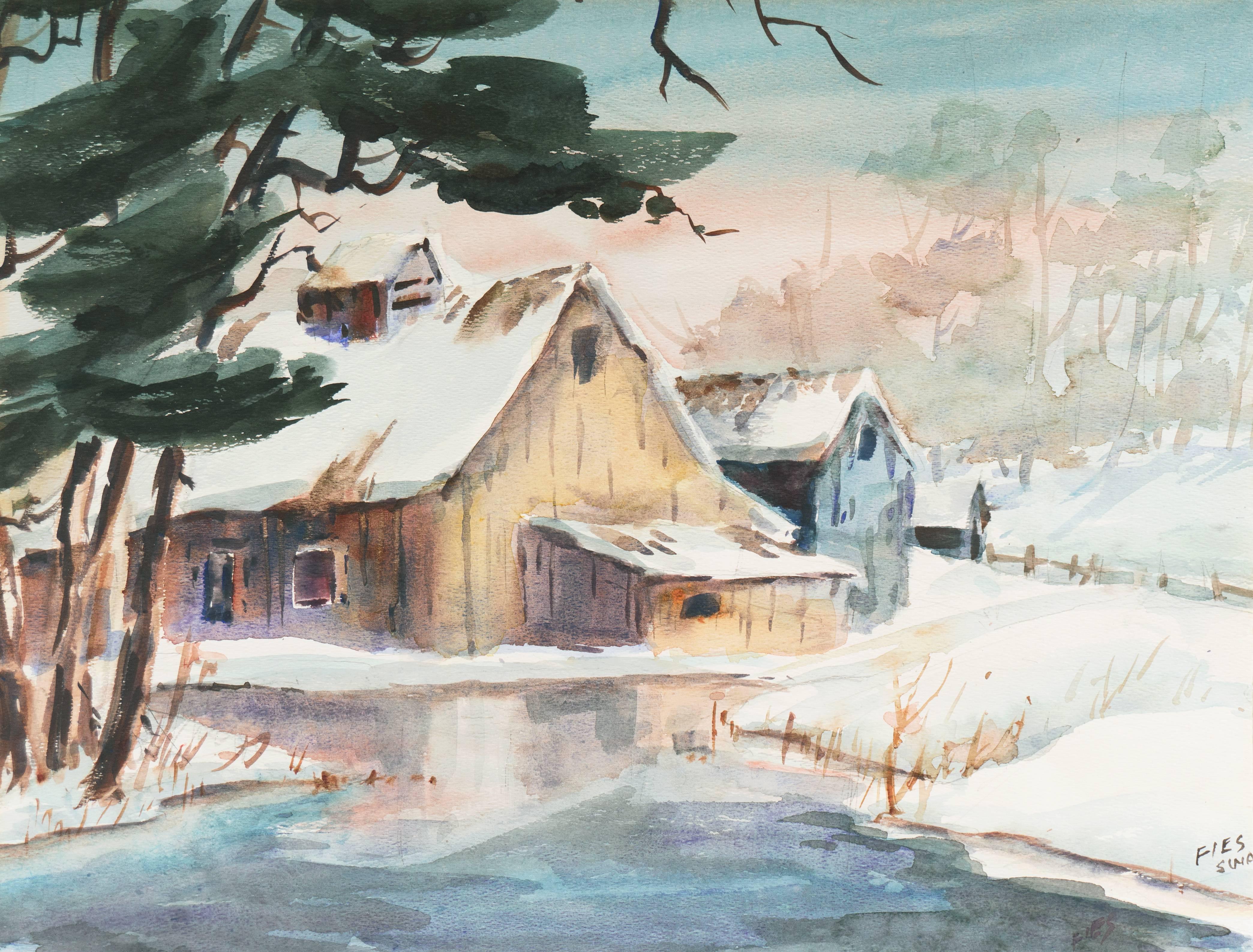 Gladys Louise Bowman Fies Landscape Art - 'A Snow Covered Barn', Society of Watercolor Artists, Rural Winter, California