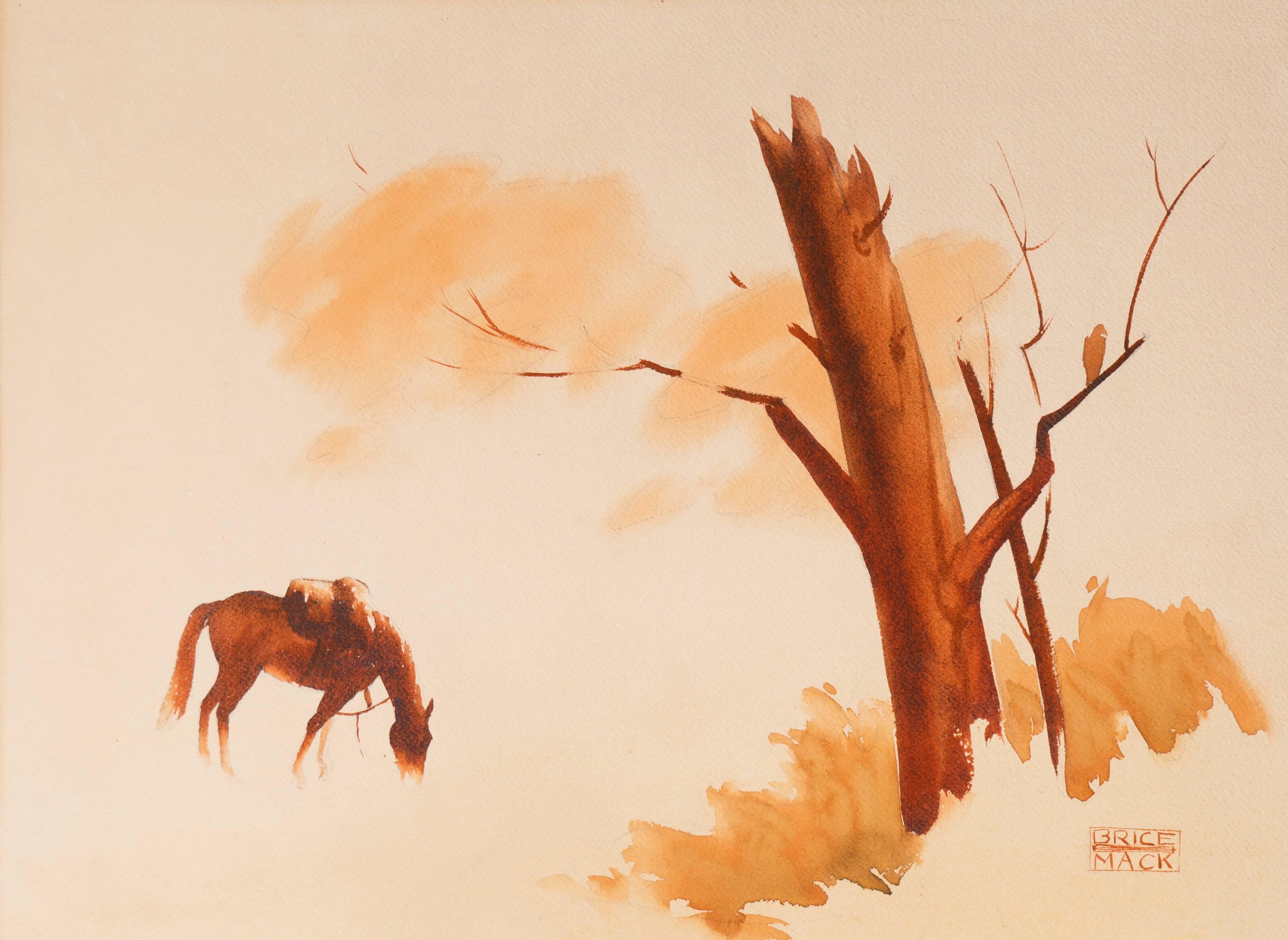 Brice Mack Animal Art - 'Saddled and Waiting', Tonalist Equestrian Watercolor