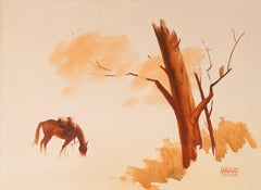 'Saddled and Waiting', Tonalist Equestrian Watercolor
