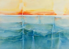 « Refracted Sunset, Coral and Ocean Blue » (set de soleilfrangé, bleu océan), paysage marin 