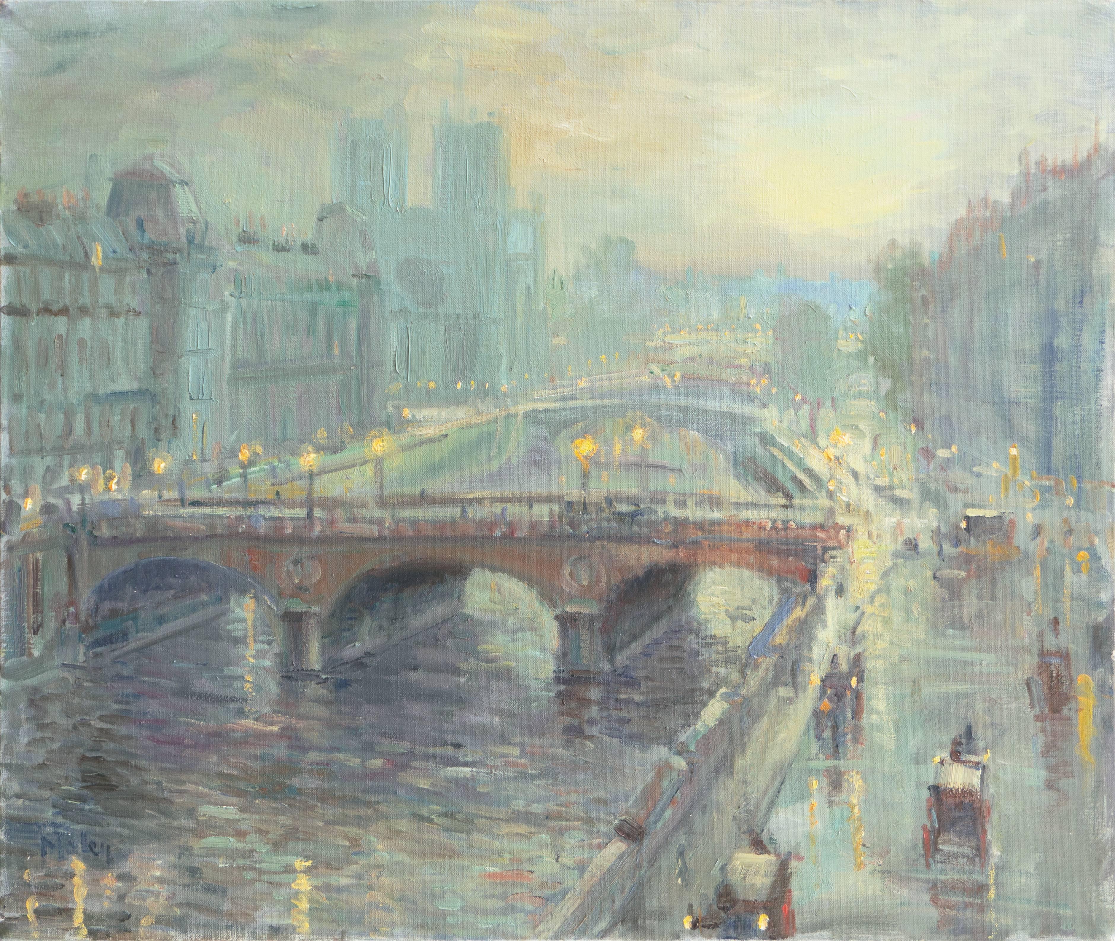 Alan Maley Landscape Painting - Paris, Impressionist oil of the Seine with the Pont Neuf and Notre Dame