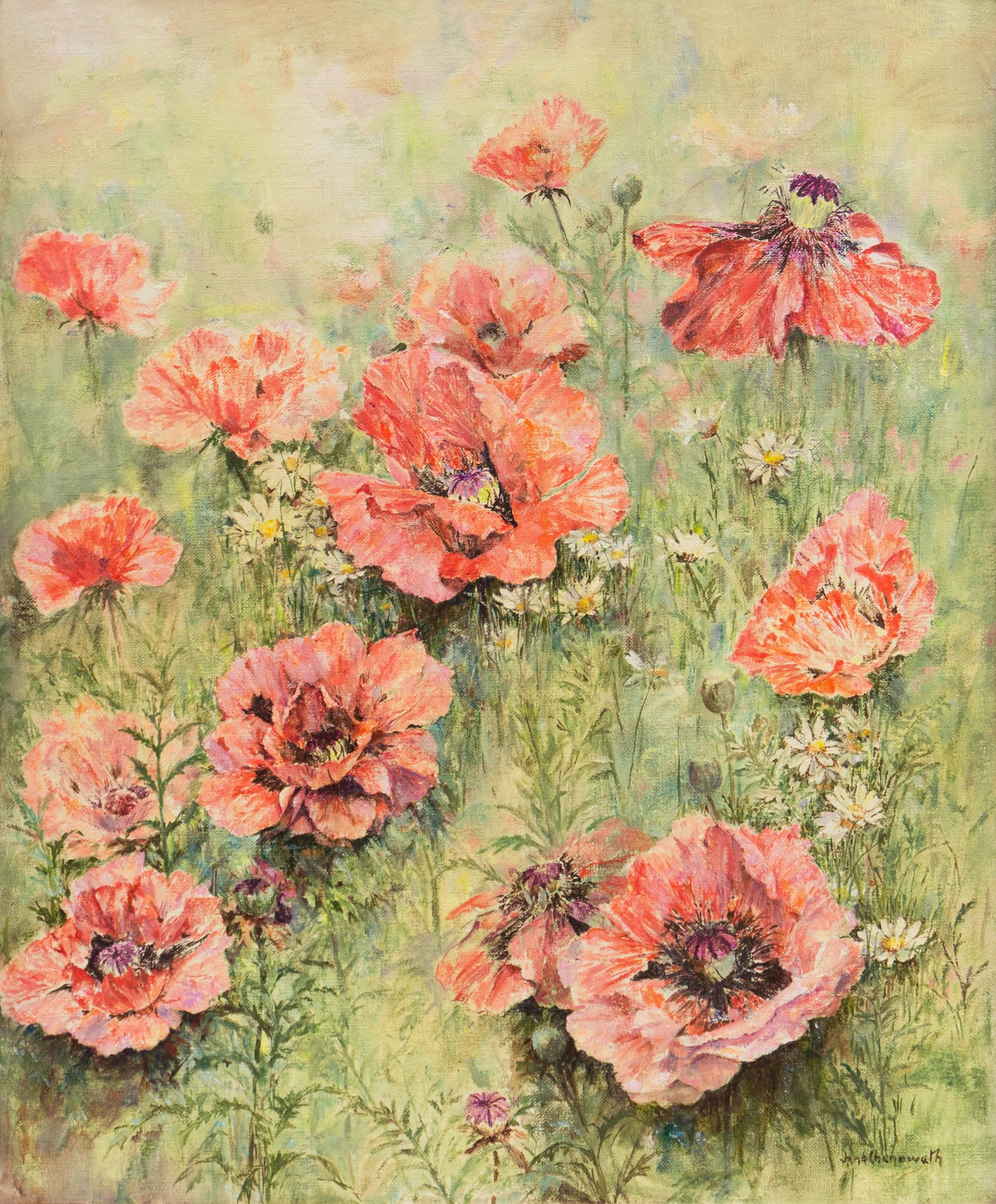 Jane Chenoweth Landscape Painting - 'Field of Wild Poppies', American Impressionist, Woman Artist, Horticultural Oil