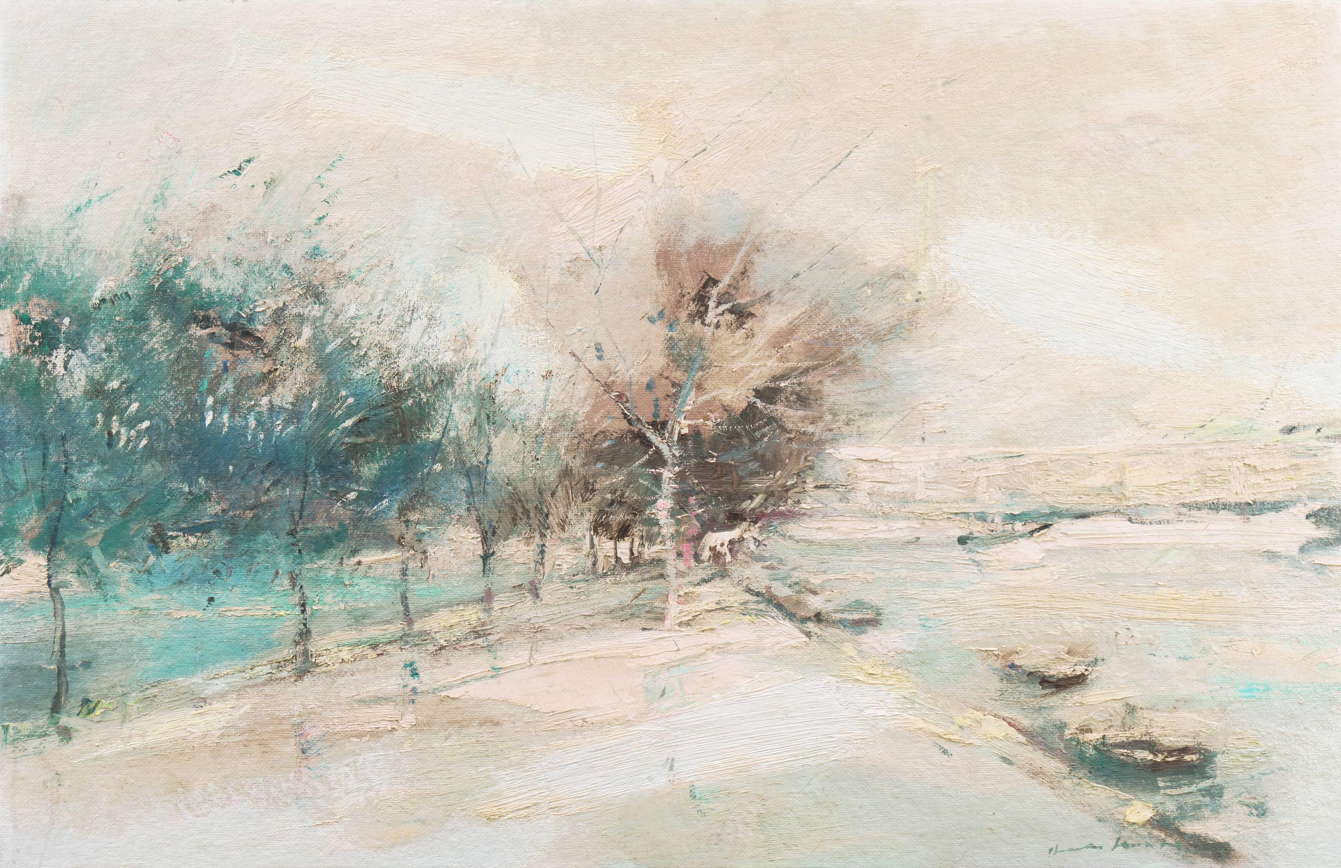 'The Seine in Winter', School of Paris, Tonalist Snowy Landscape