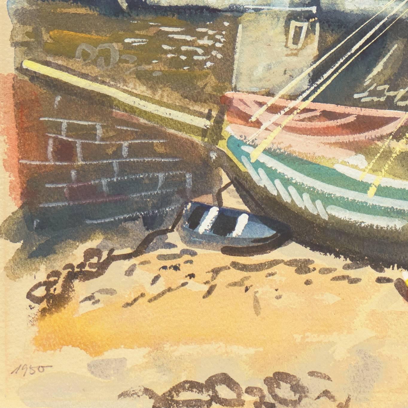 'The Harbor at Low Tide', German Modernist Seascape - Beige Landscape Art by Gunter Schulz-Ihlefeldt