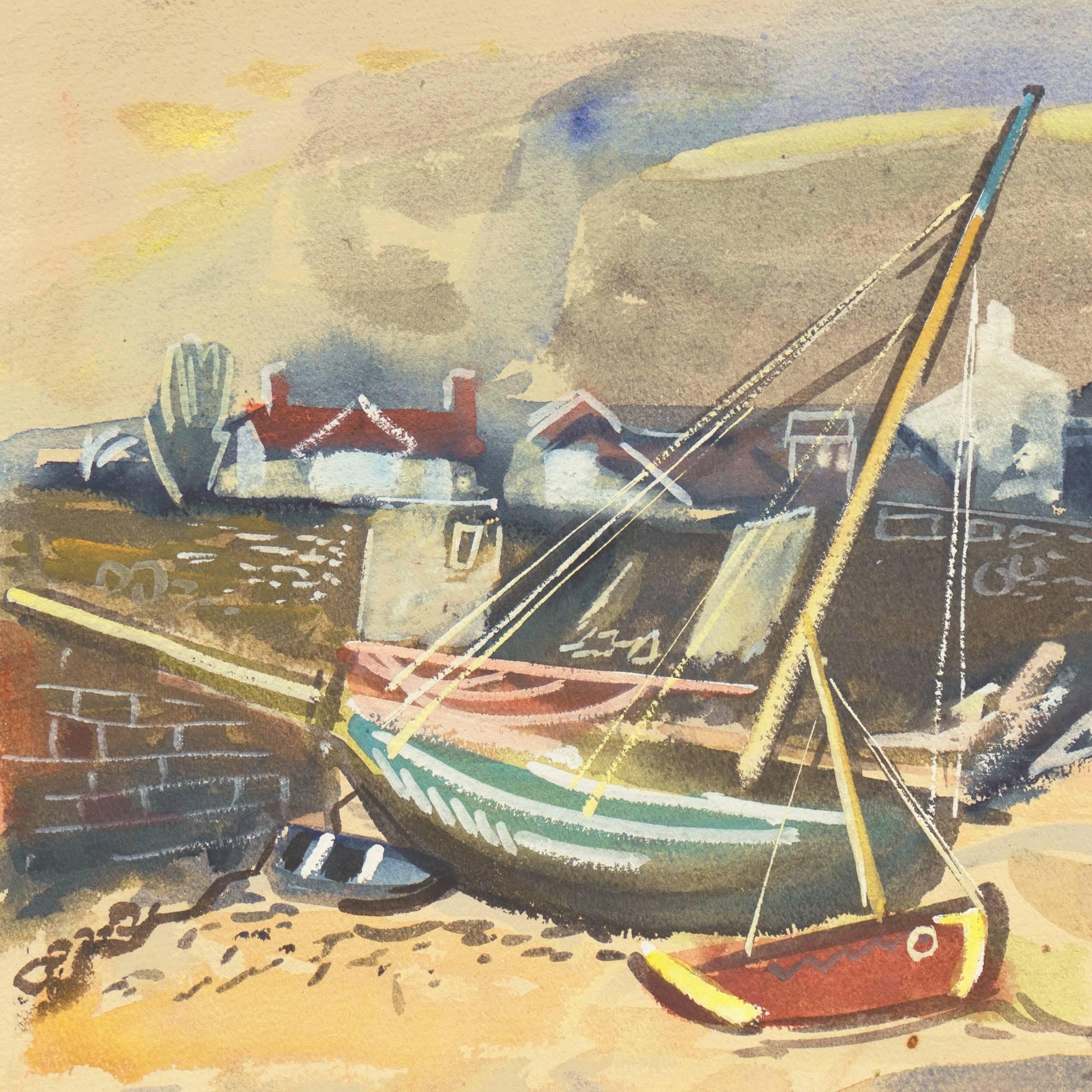 „The Harbor at Low Tide“,  Deutsche modernistische Seelandschaft der deutschen Moderne (Beige), Landscape Art, von Gunter Schulz-Ihlefeldt