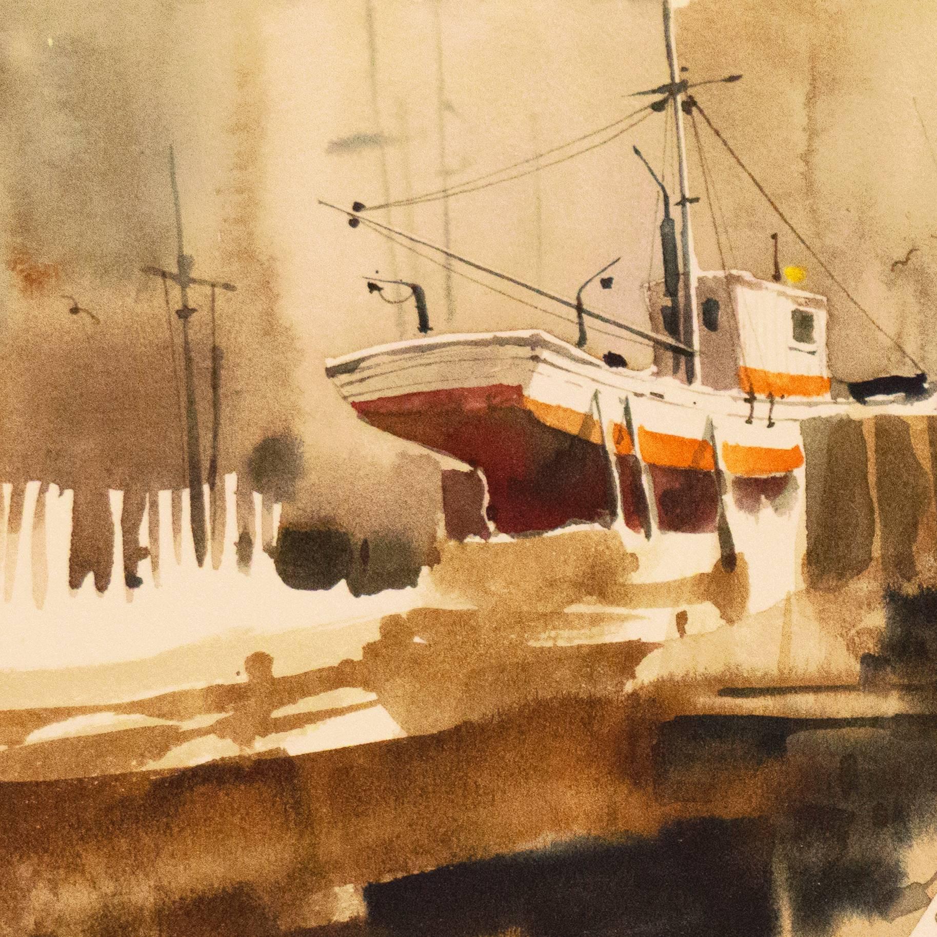 'Fishing Boat in Dry Dock', AWS, CWS Artist, California Tonalist view - Beige Landscape Art by Ritchie A. Benson